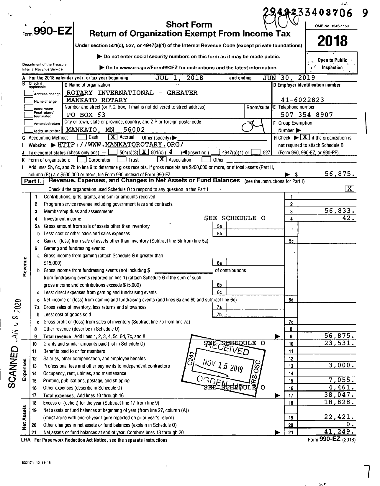 Image of first page of 2018 Form 990EO for Rotary International - Mankato Rotary Club