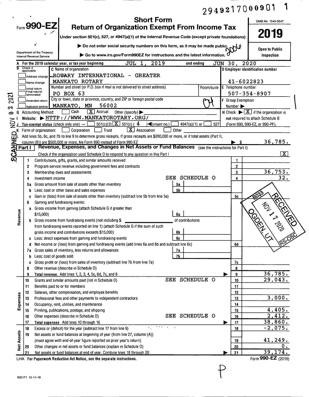 Image of first page of 2019 Form 990EO for Rotary International - Mankato Rotary Club