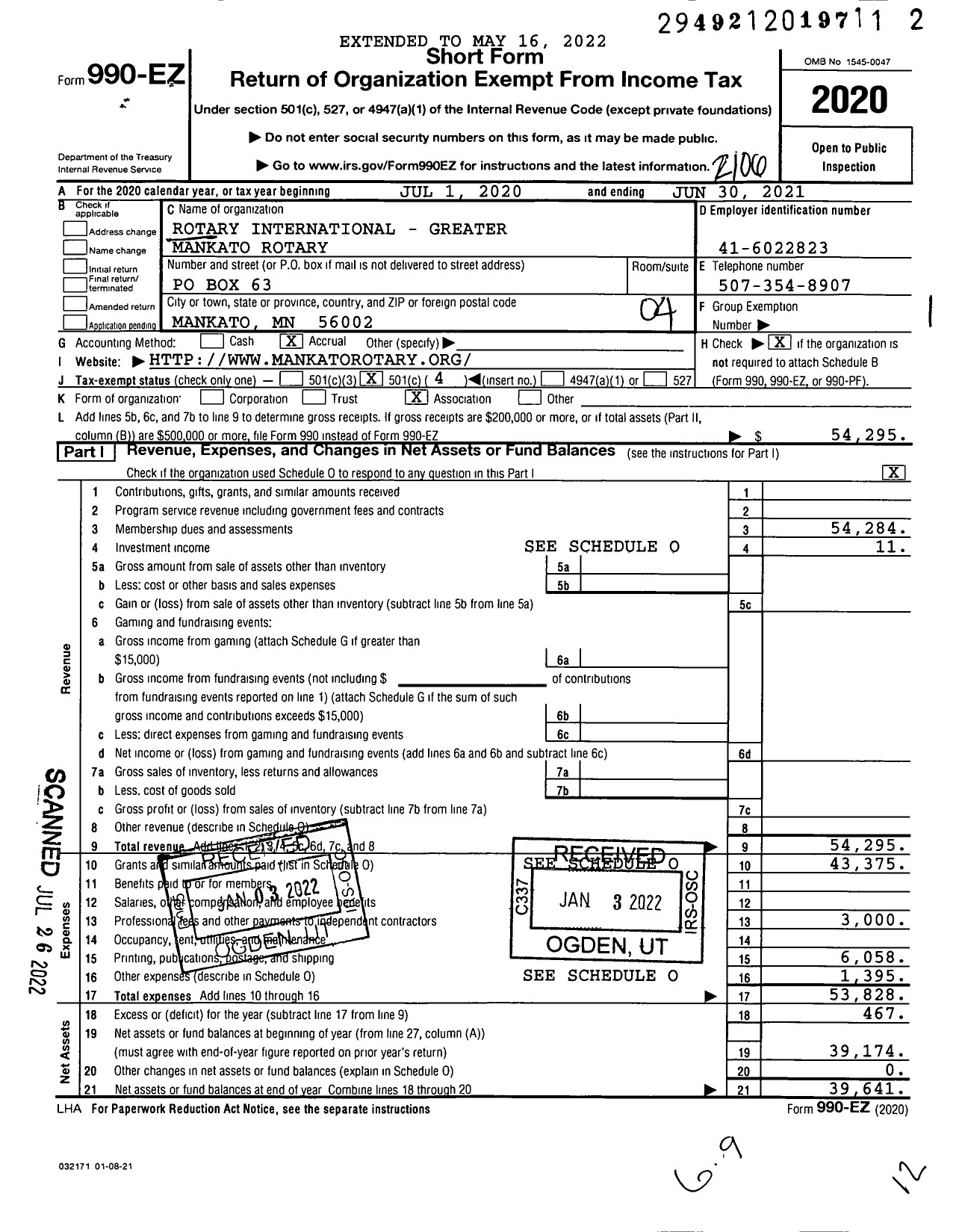 Image of first page of 2020 Form 990EO for Rotary International - Mankato Rotary Club
