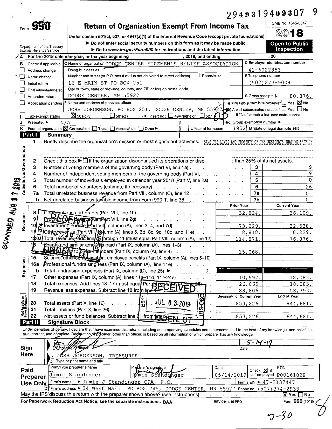 Image of first page of 2018 Form 990 for Dodge Center Firemen's Relief Association