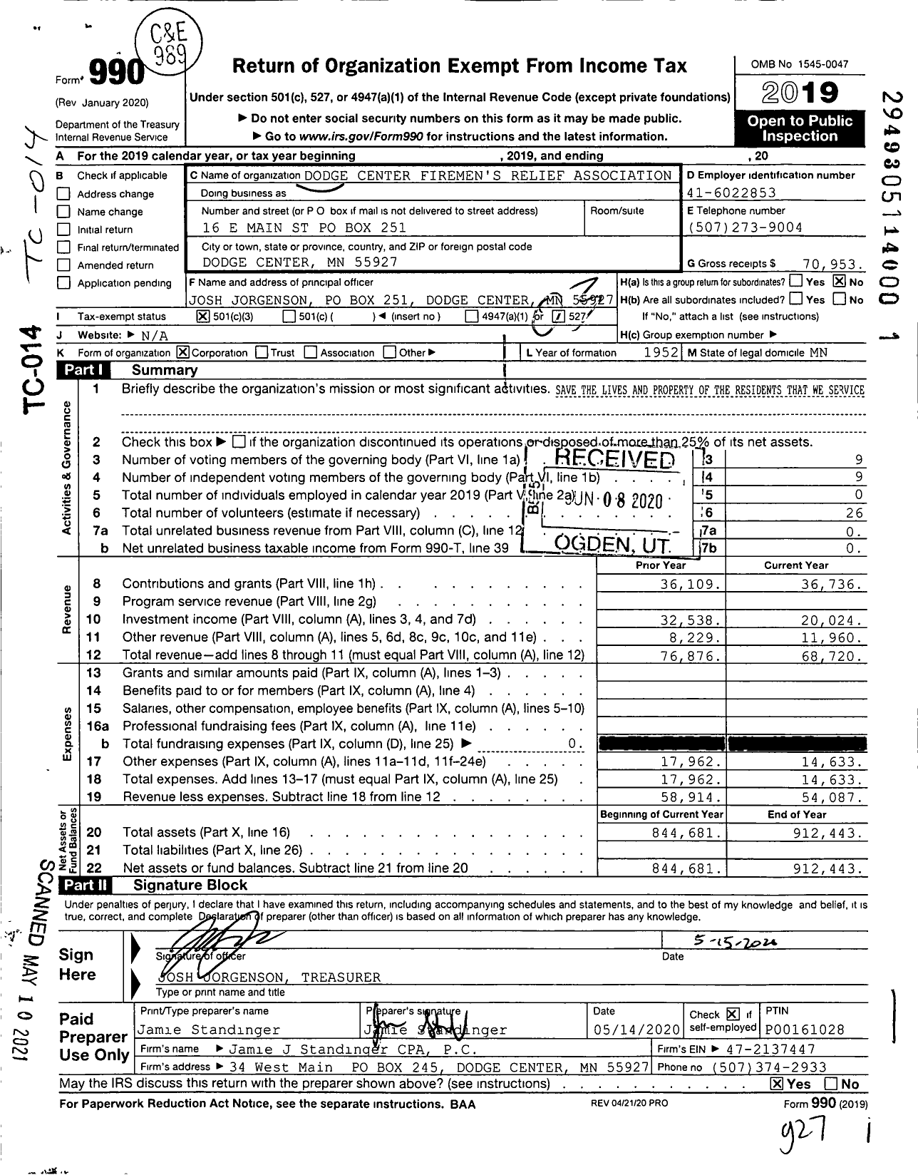 Image of first page of 2019 Form 990 for Dodge Center Firemen's Relief Association
