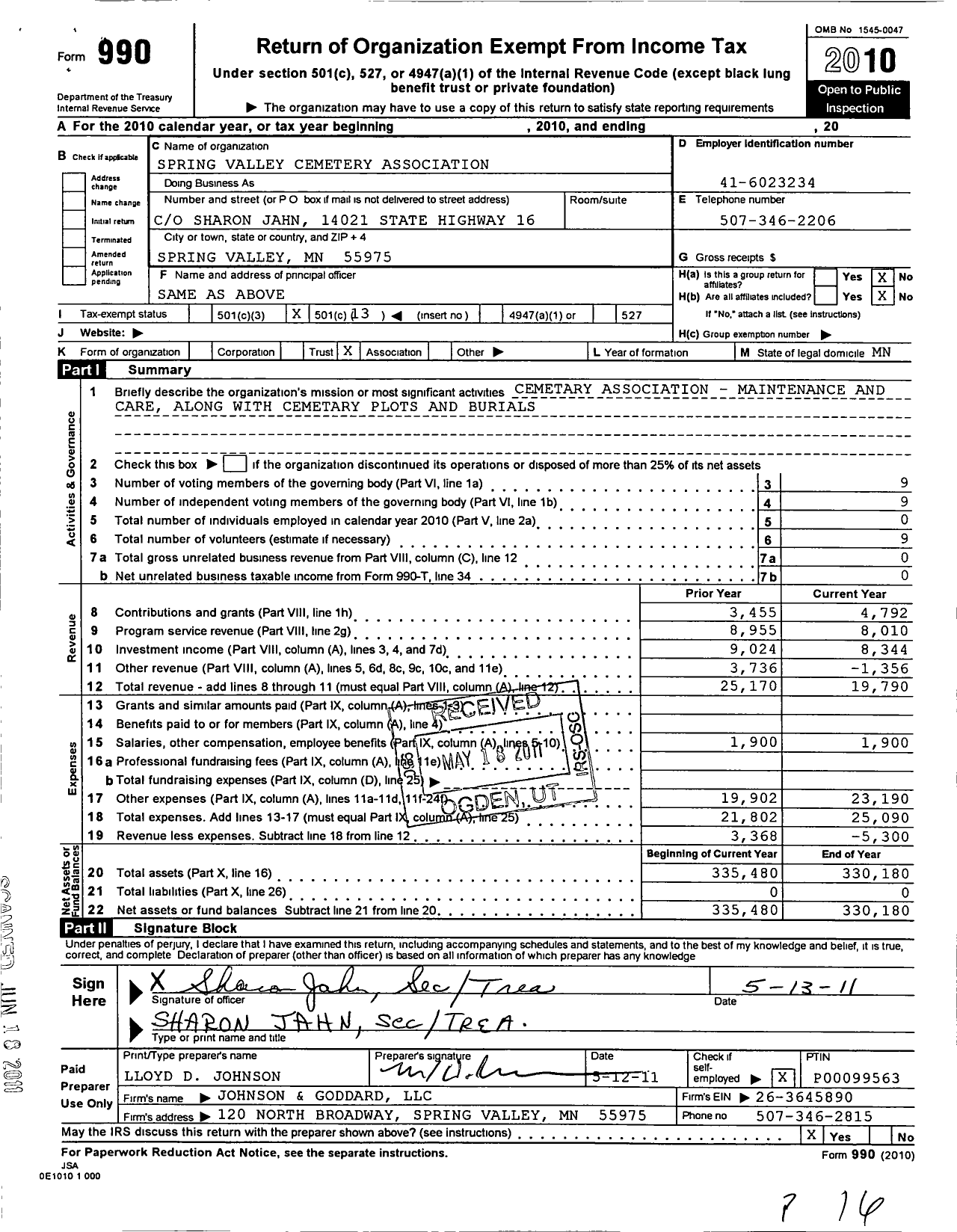 Image of first page of 2010 Form 990O for Spring Valley Cemetery Association