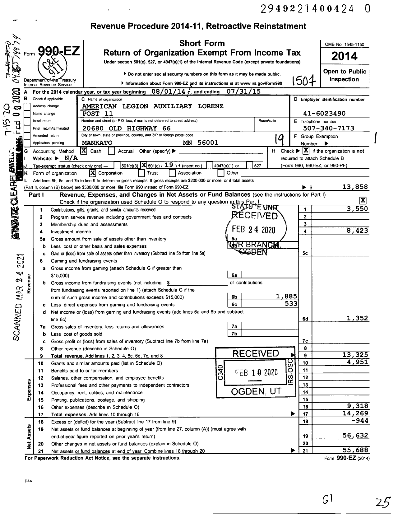 Image of first page of 2014 Form 990EO for American Legion Auxiliary Lorentz Post 11