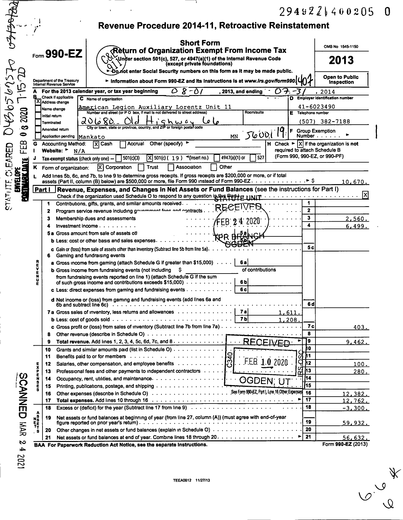 Image of first page of 2013 Form 990EO for American Legion Auxiliary Lorentz Post 11