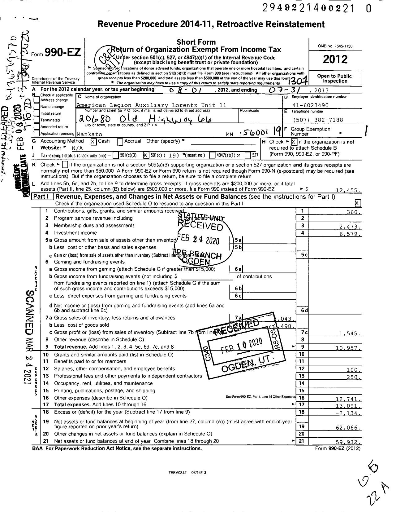 Image of first page of 2012 Form 990EO for American Legion Auxiliary Lorentz Post 11