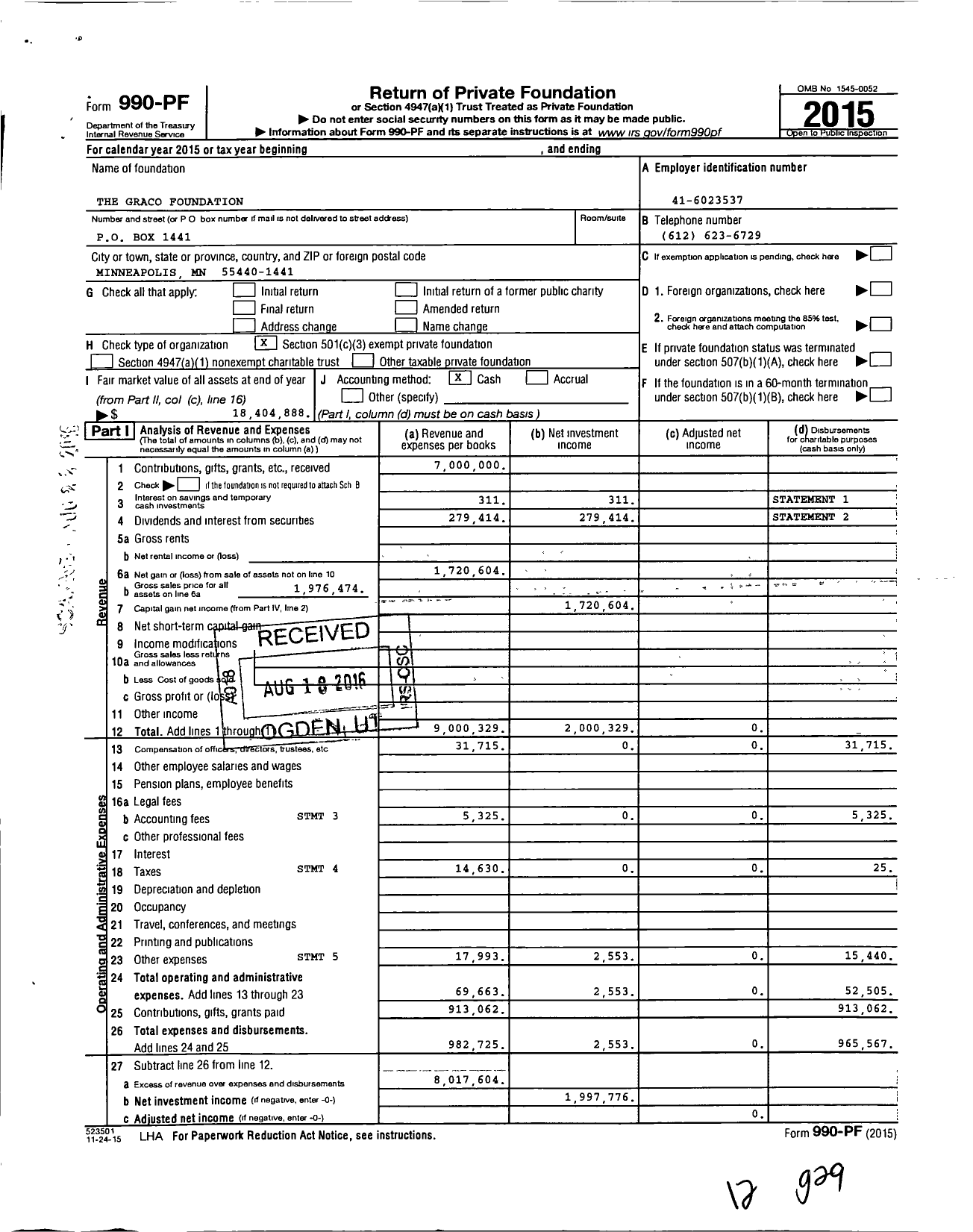 Image of first page of 2015 Form 990PF for The Graco Foundation