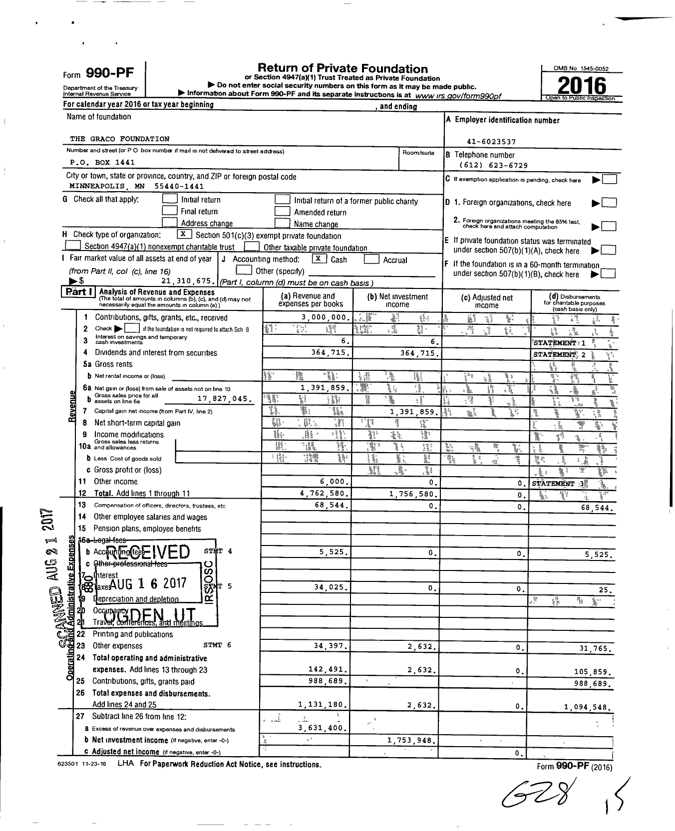 Image of first page of 2016 Form 990PF for The Graco Foundation