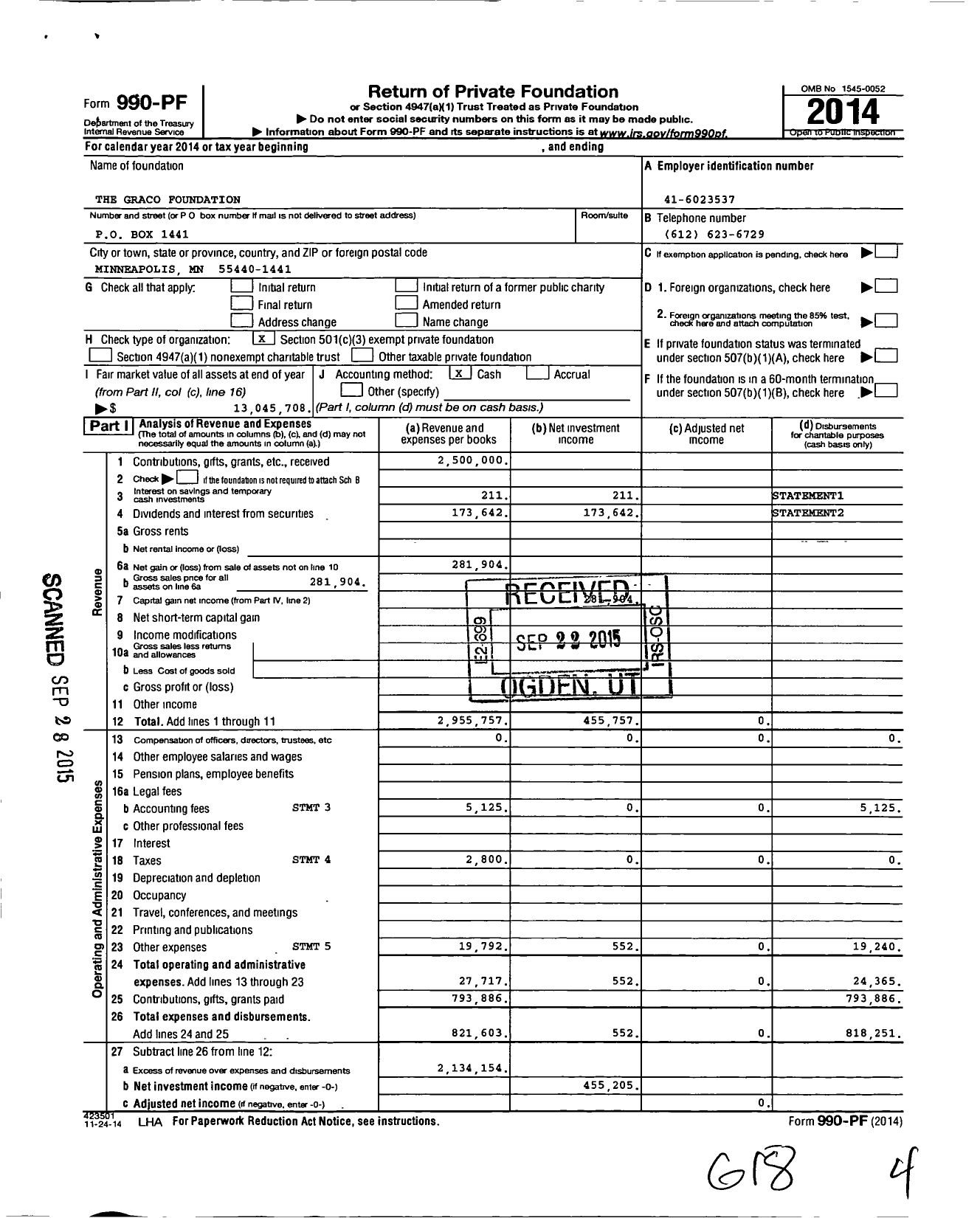 Image of first page of 2014 Form 990PF for The Graco Foundation