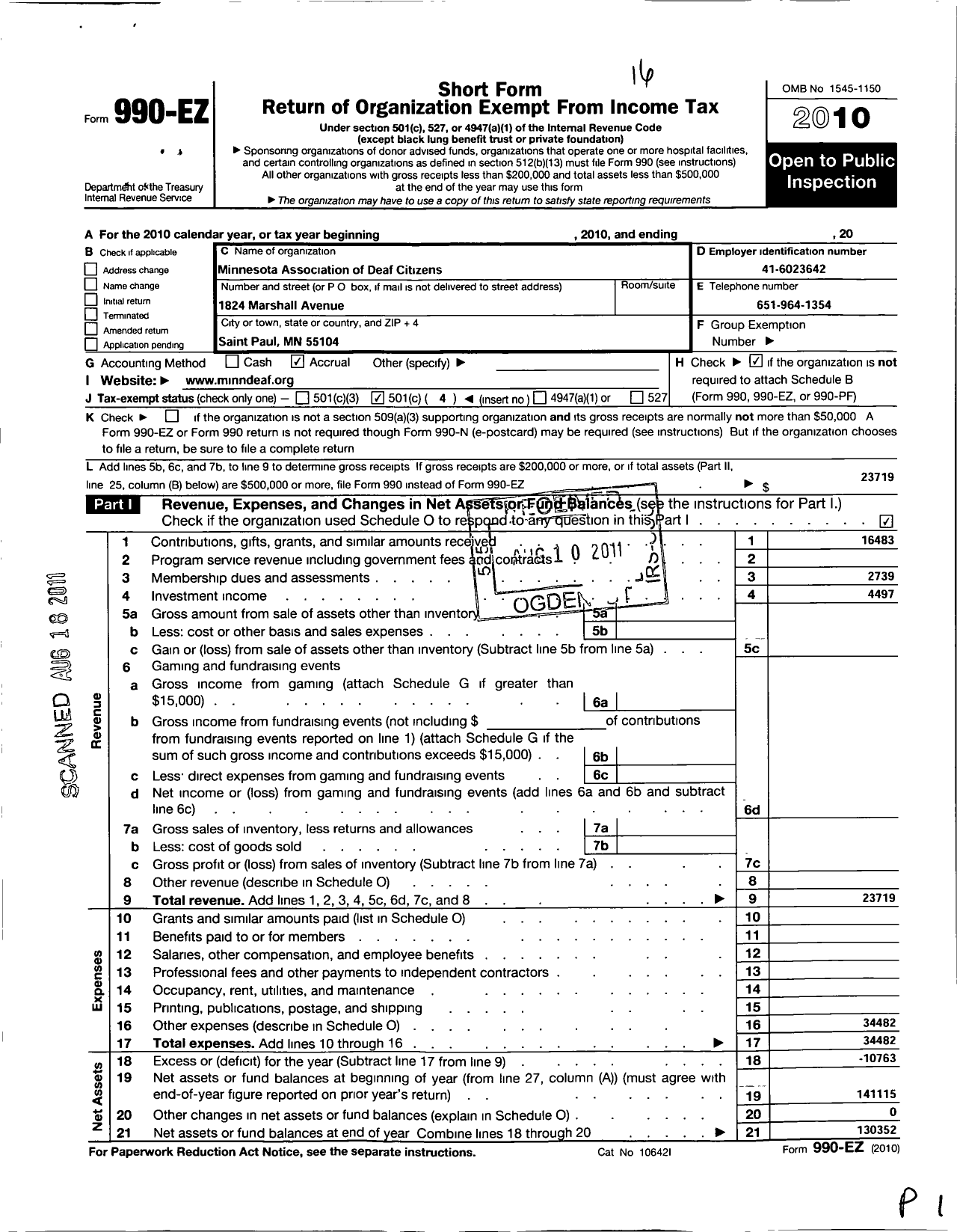 Image of first page of 2010 Form 990EO for Minnesota Association of Deaf Citizens