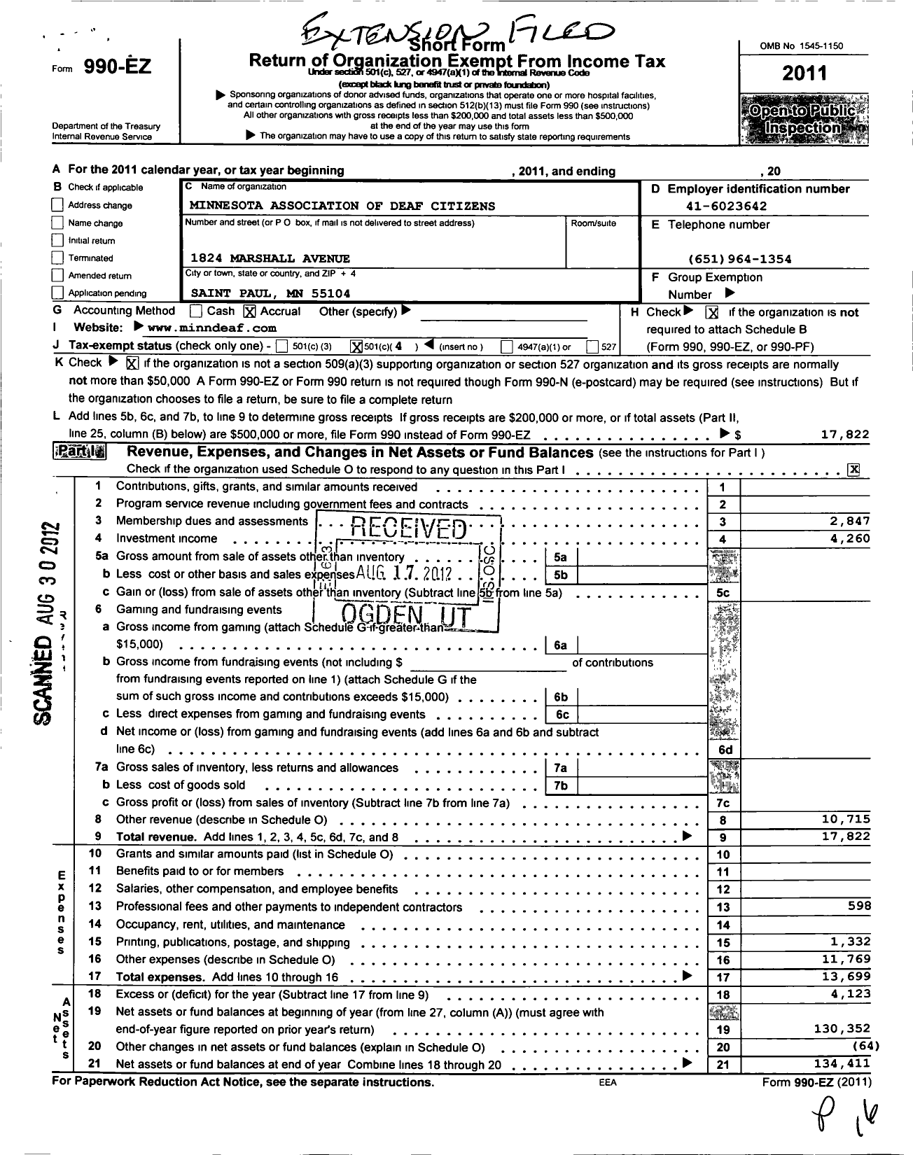 Image of first page of 2011 Form 990EO for Minnesota Association of Deaf Citizens