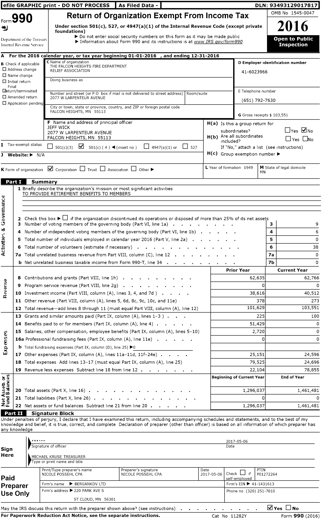 Image of first page of 2016 Form 990O for The Falcon Heights Fire Department Relief Association
