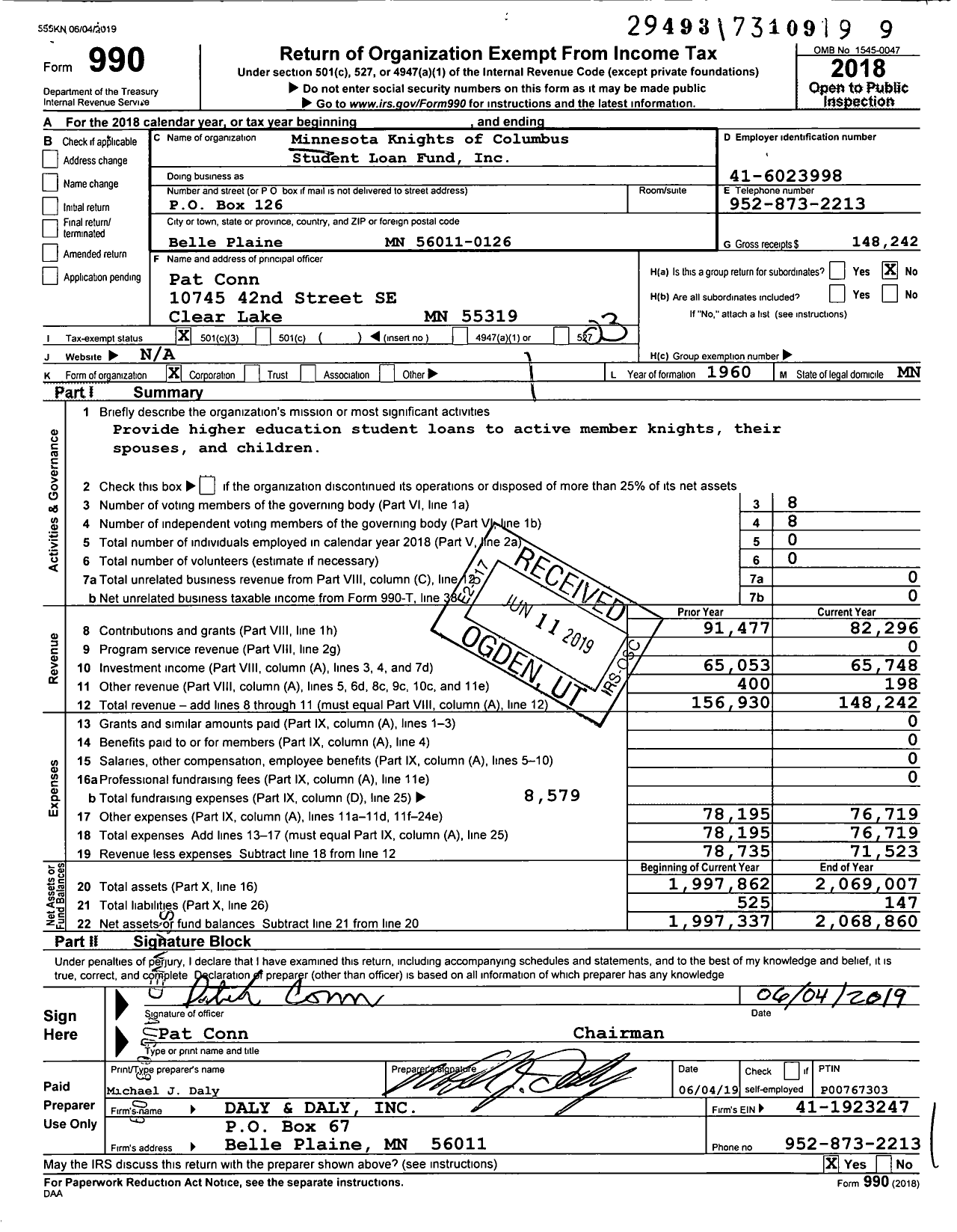 Image of first page of 2018 Form 990 for Minnesota Knights of Columbus Student Loan Fund