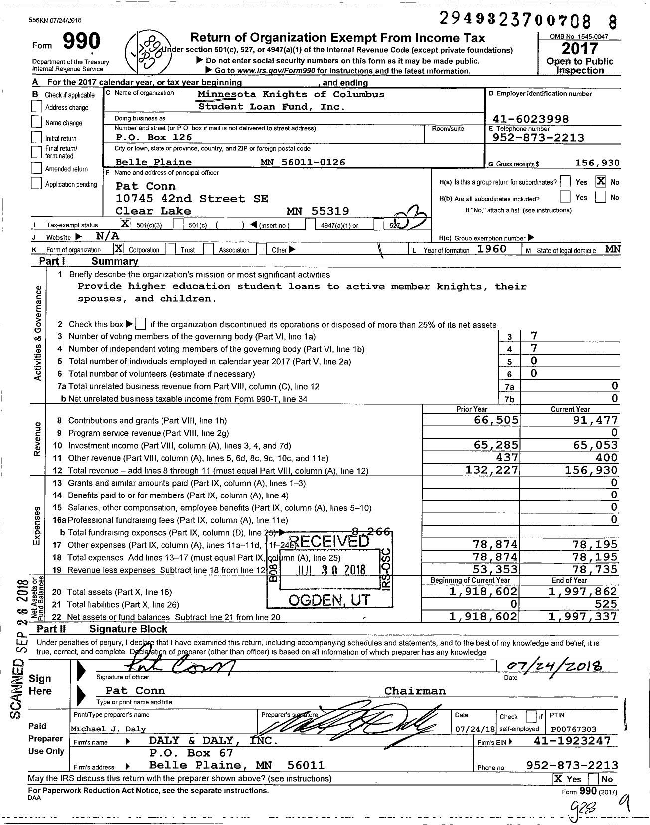 Image of first page of 2017 Form 990 for Minnesota Knights of Columbus Student Loan Fund