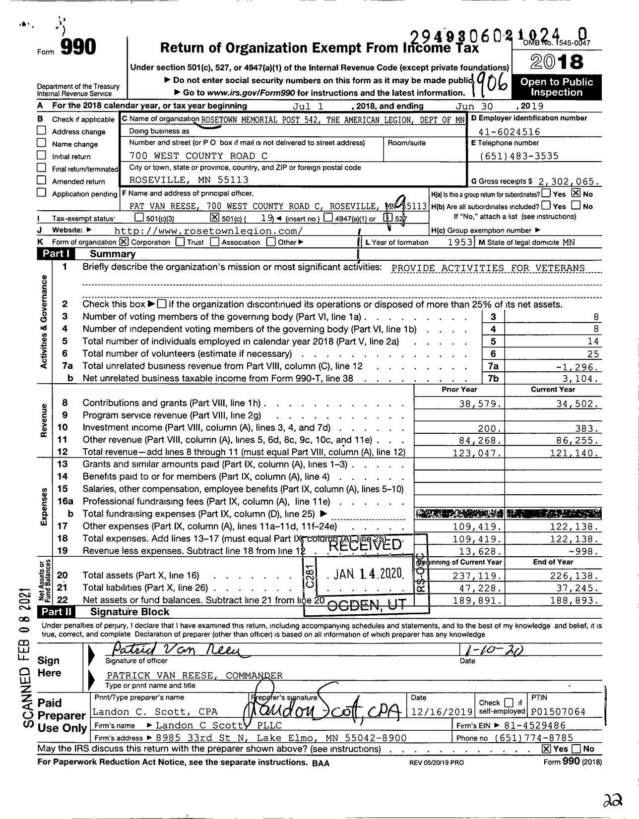 Image of first page of 2018 Form 990O for American Legion - 0542 Rosetown Memorial Post MN