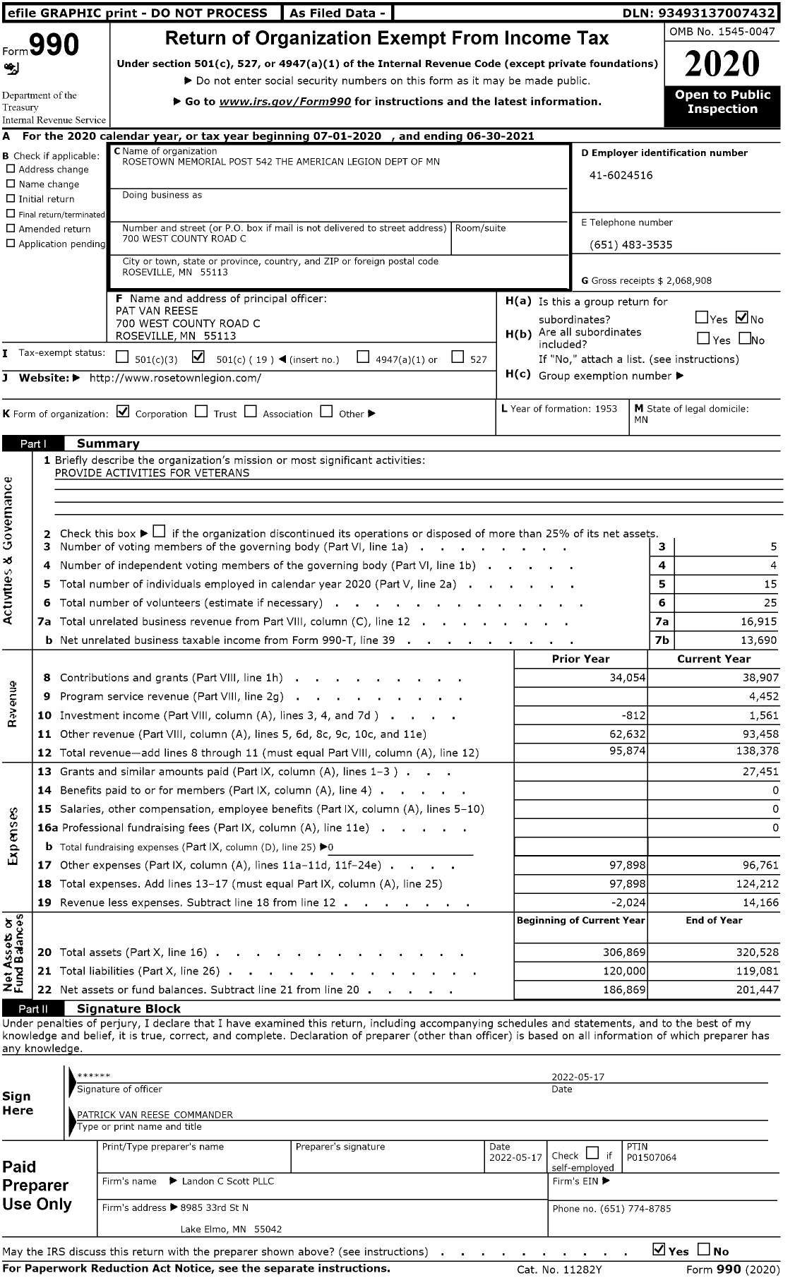 Image of first page of 2020 Form 990O for American Legion - 0542 Rosetown Memorial Post MN