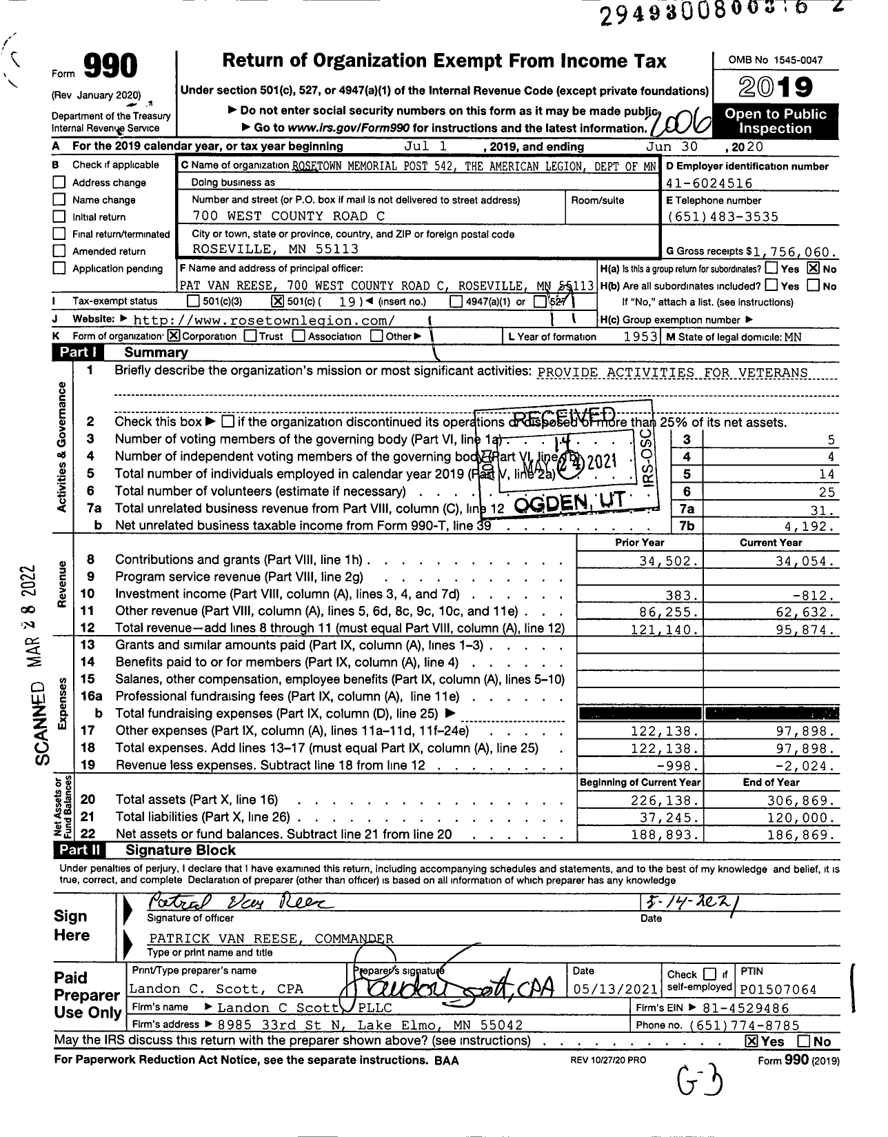 Image of first page of 2019 Form 990O for American Legion - 0542 Rosetown Memorial Post MN