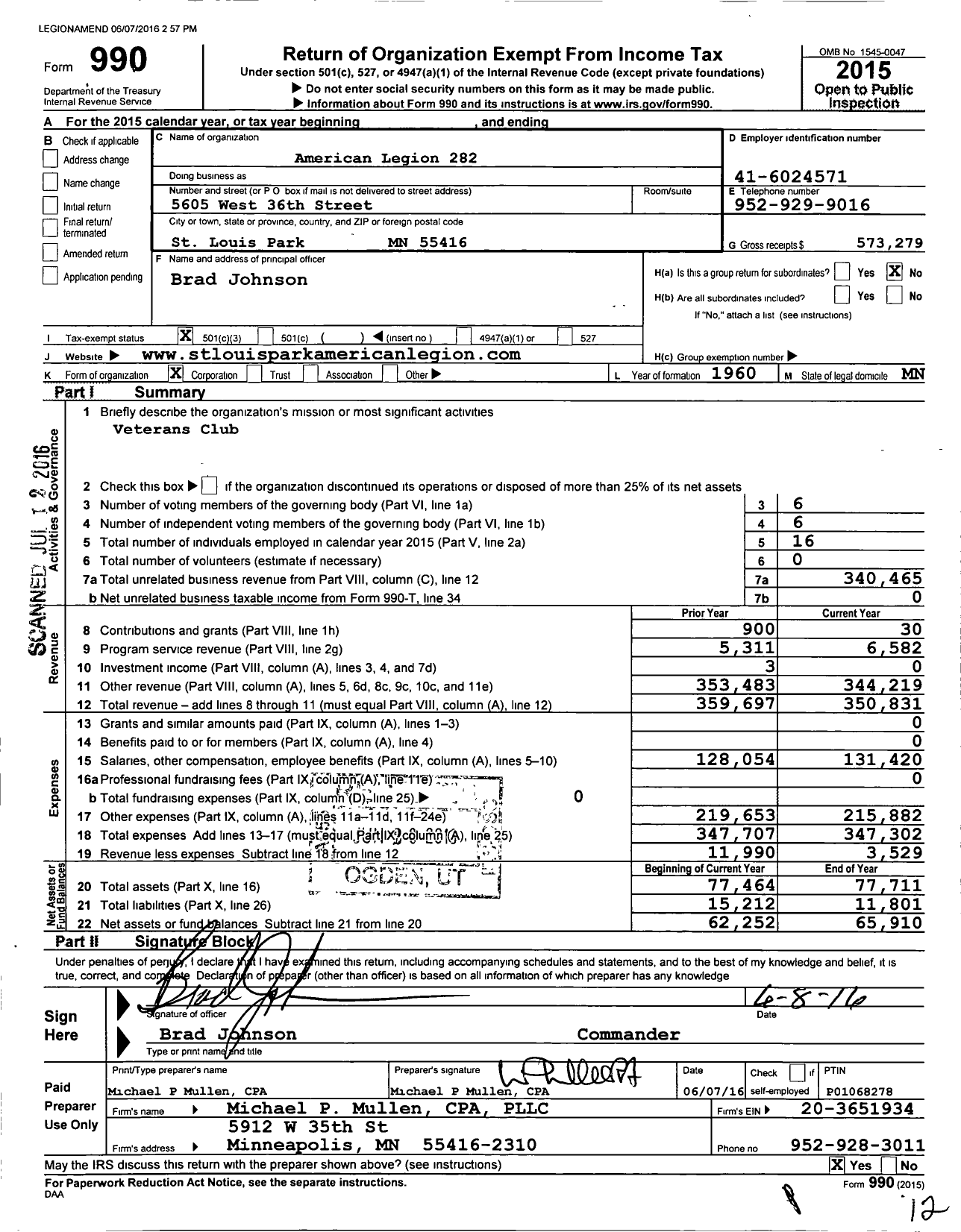 Image of first page of 2015 Form 990 for American Legion - Frank H Lundberg Post 282 MN