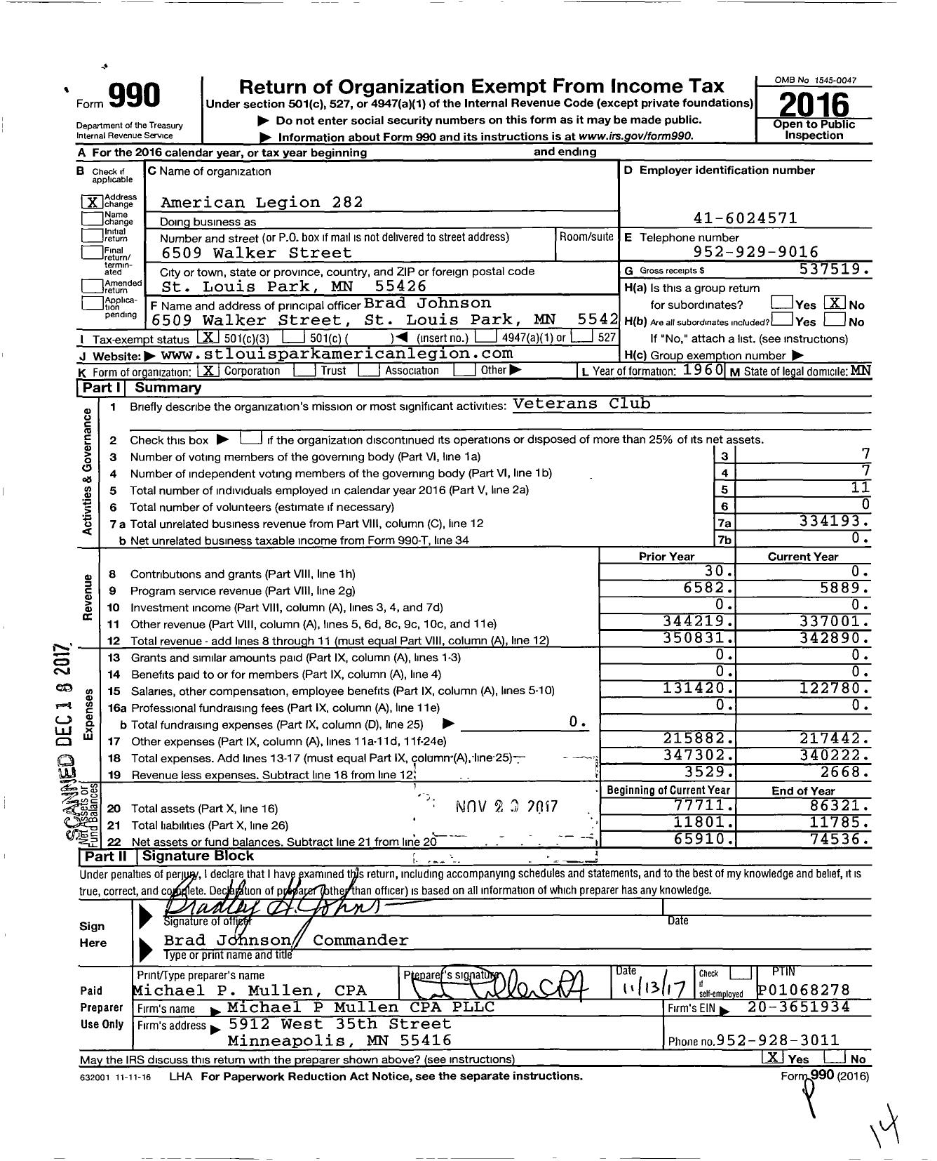 Image of first page of 2016 Form 990 for American Legion - Frank H Lundberg Post 282 MN