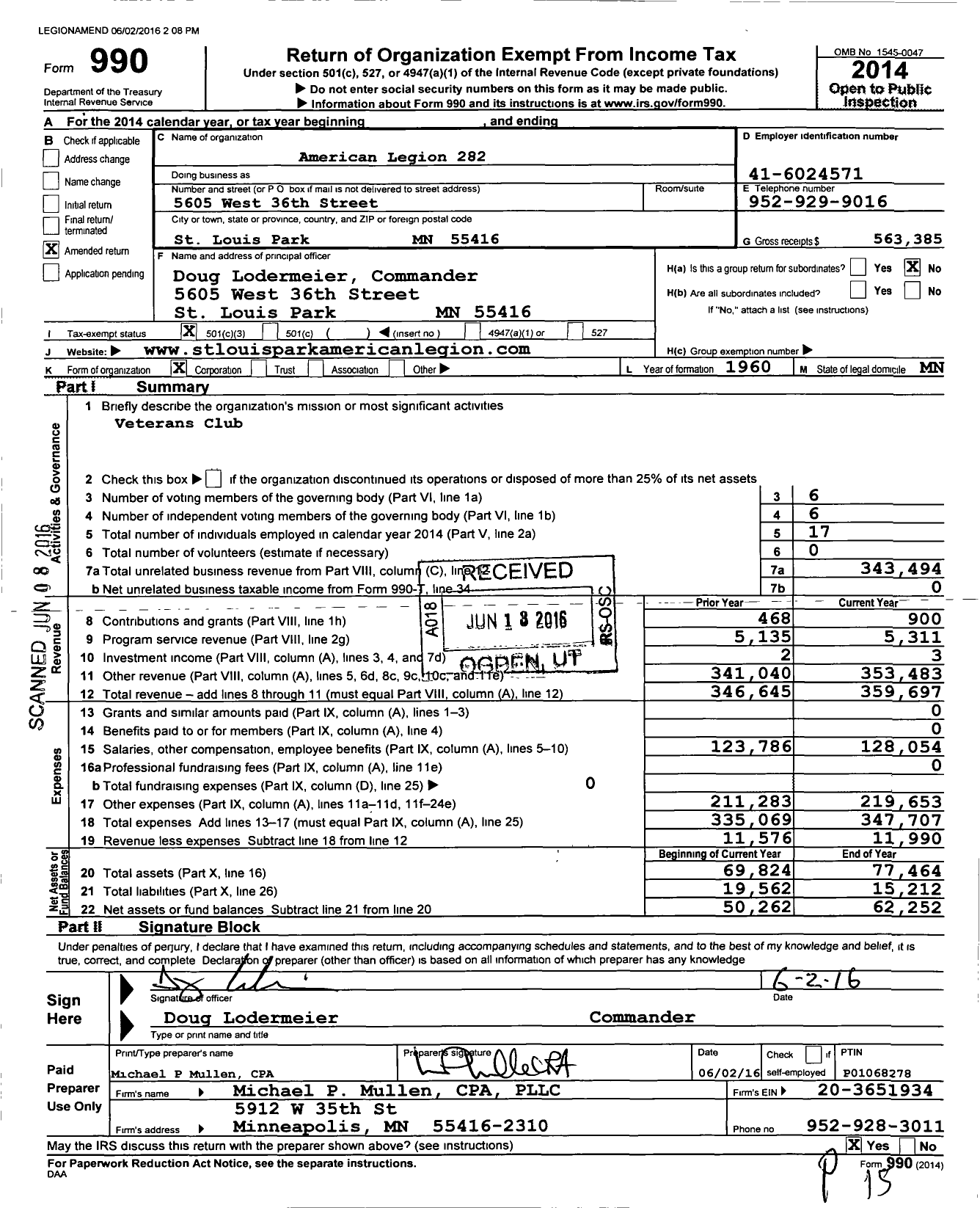 Image of first page of 2014 Form 990 for American Legion - Frank H Lundberg Post 282 MN