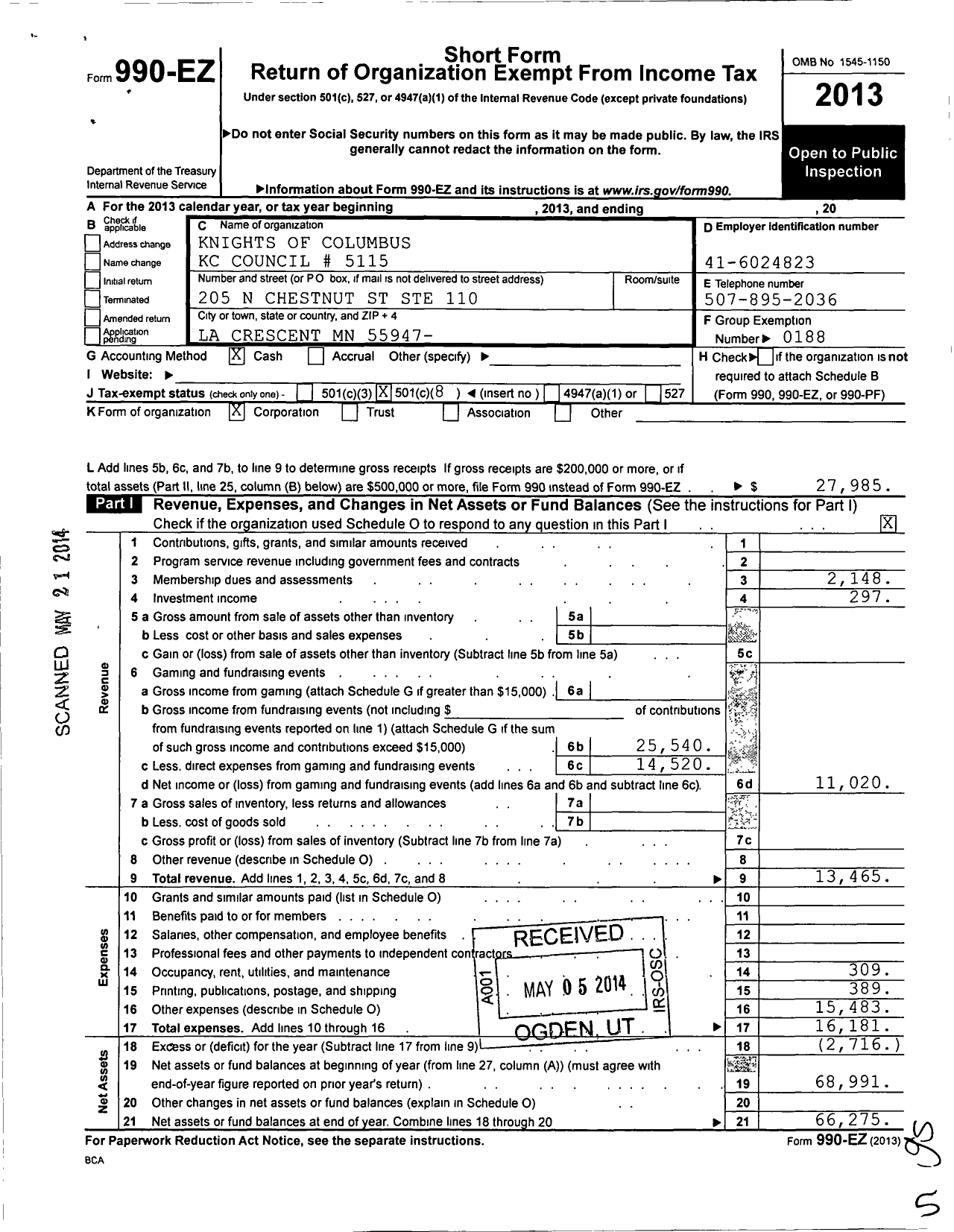 Image of first page of 2013 Form 990EO for Knights of Columbus - 5115 Council MSGR Richard Speltz