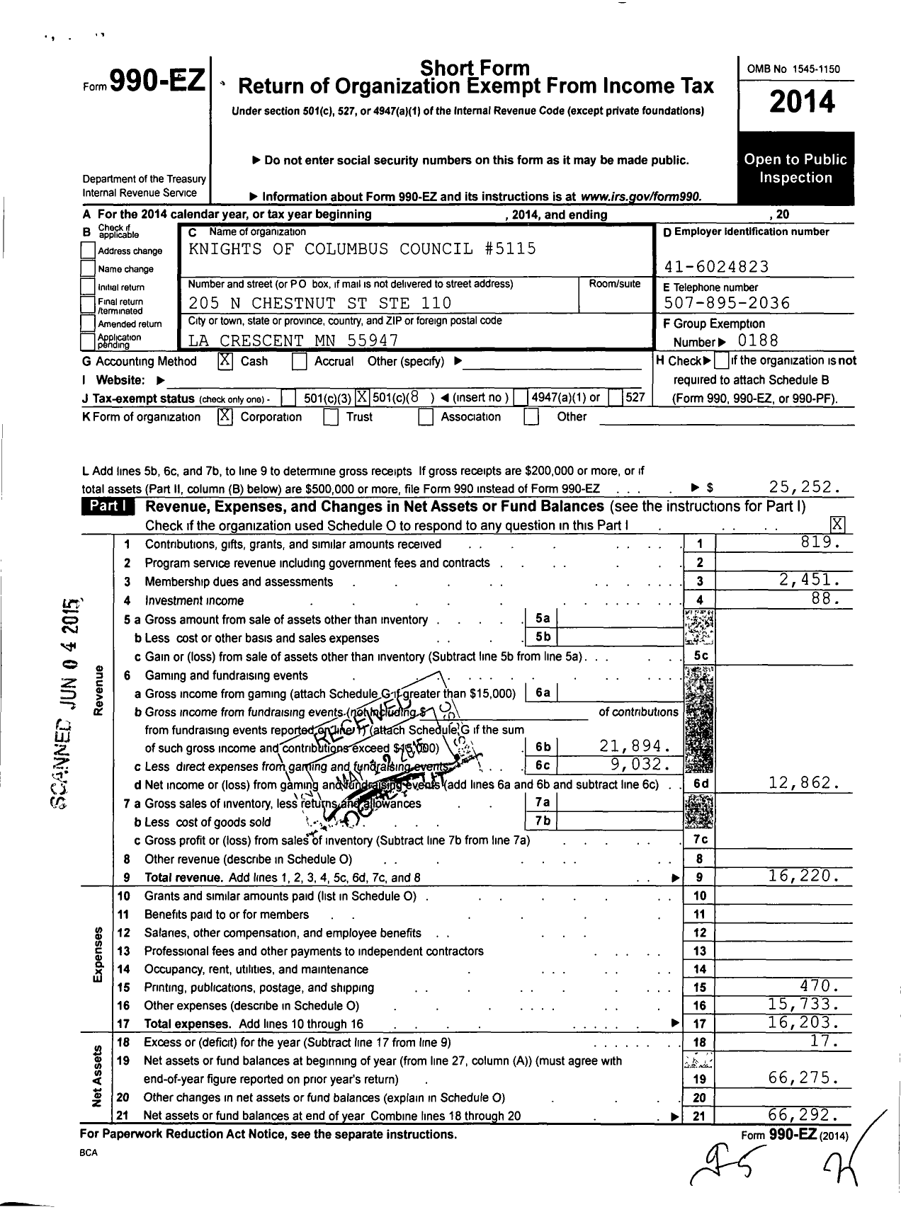 Image of first page of 2014 Form 990EO for Knights of Columbus - 5115 Council MSGR Richard Speltz