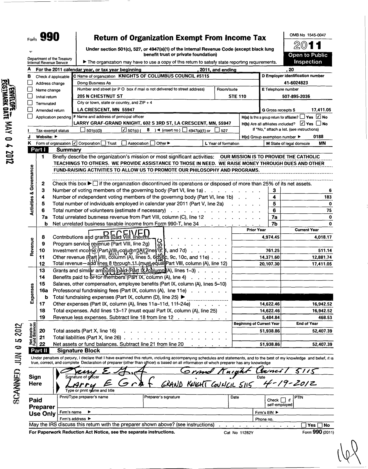 Image of first page of 2011 Form 990O for Knights of Columbus - 5115 Council MSGR Richard Speltz