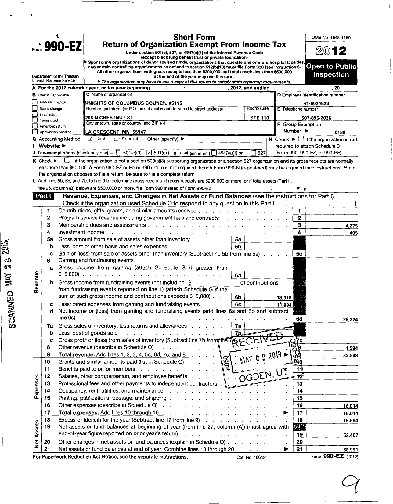 Image of first page of 2012 Form 990EO for Knights of Columbus - 5115 Council MSGR Richard Speltz