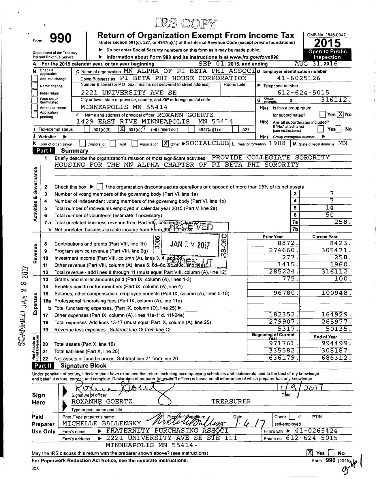 Image of first page of 2015 Form 990O for Pi Beta Phi House Corporation / Minnesota Alpha of Pi Beta Phi Association