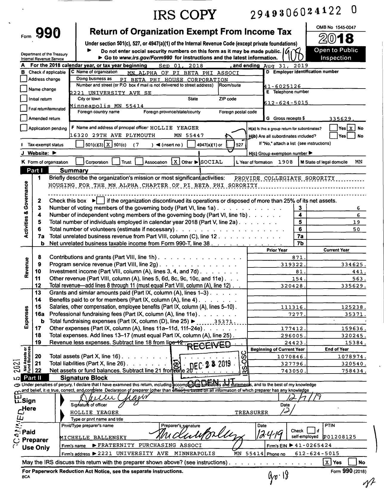 Image of first page of 2018 Form 990O for Pi Beta Phi House Corporation / Minnesota Alpha of Pi Beta Phi Association