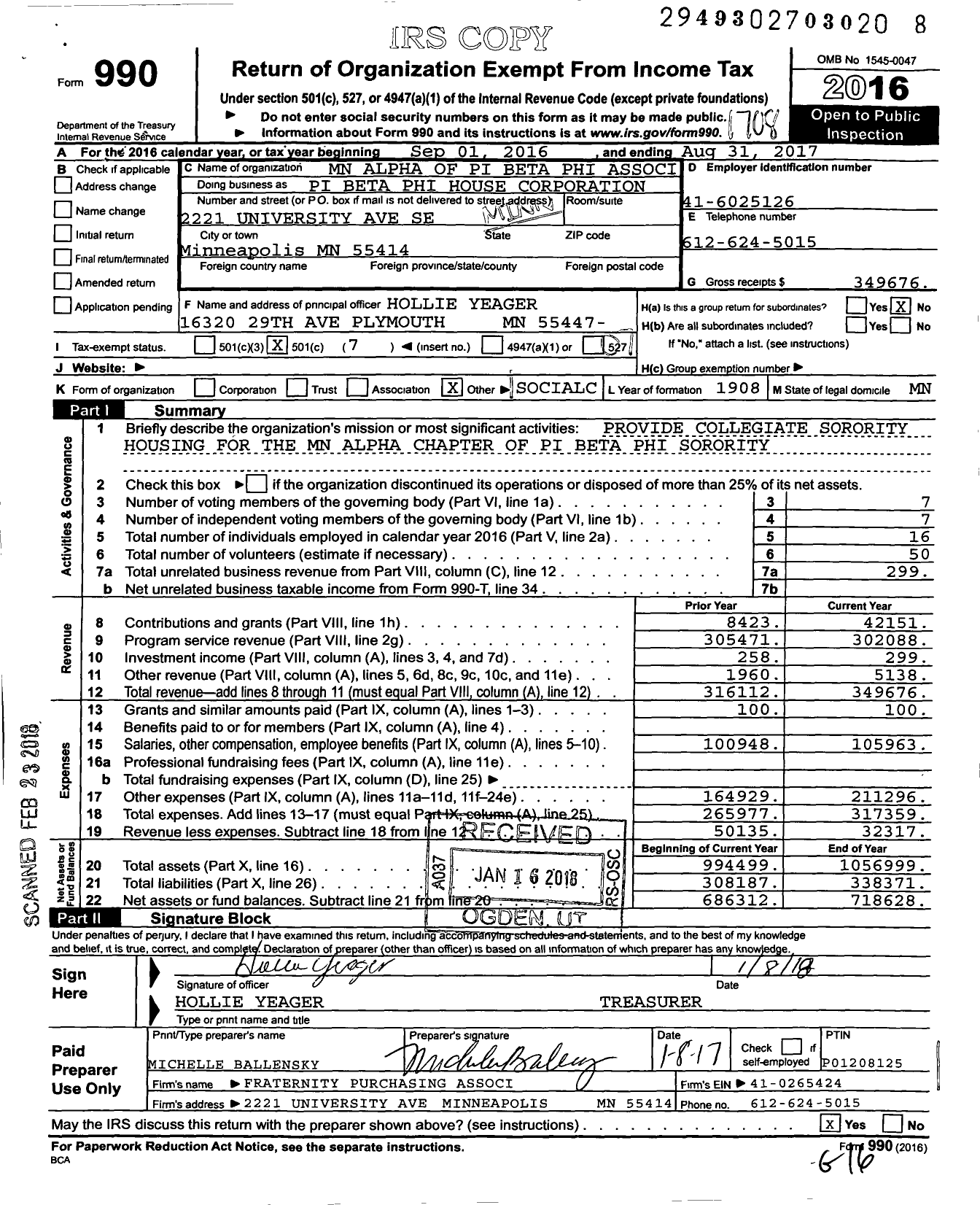 Image of first page of 2016 Form 990O for Pi Beta Phi House Corporation / Minnesota Alpha of Pi Beta Phi Association