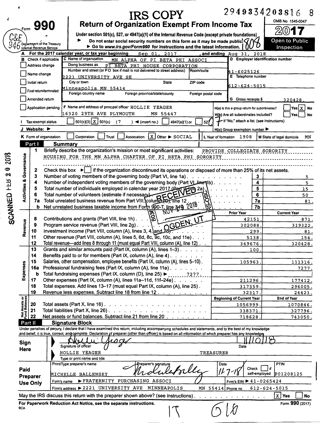 Image of first page of 2017 Form 990O for Pi Beta Phi House Corporation / Minnesota Alpha of Pi Beta Phi Association