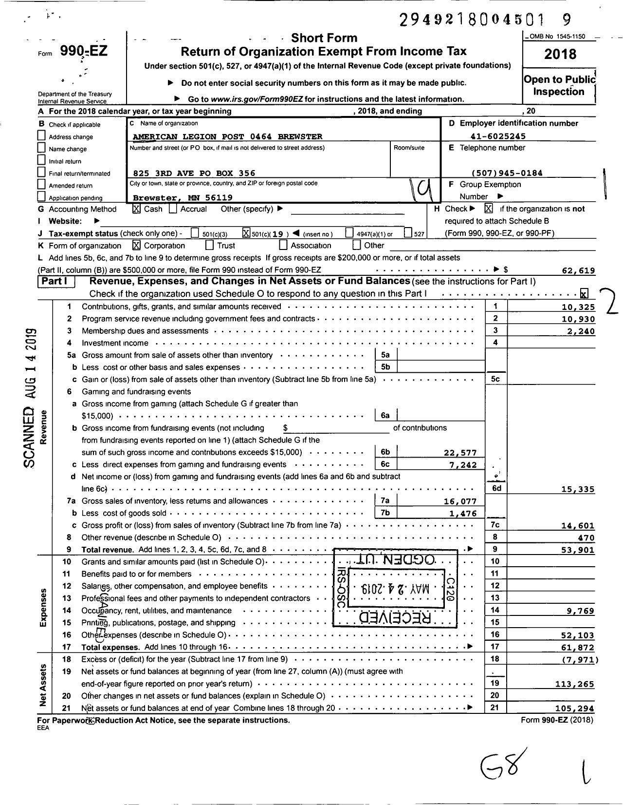 Image of first page of 2018 Form 990EO for American Legion - 0464 Brewster Post MN