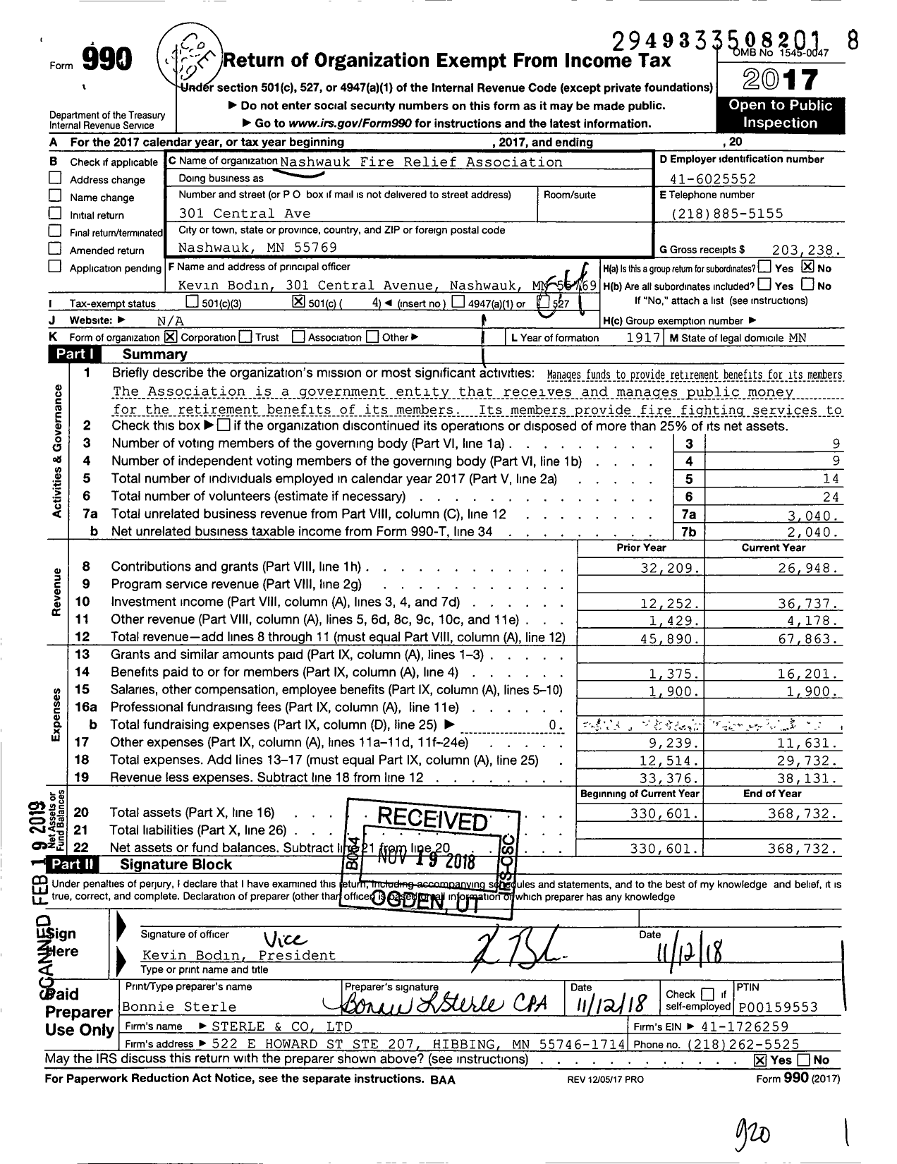 Image of first page of 2017 Form 990O for Nashwauk Fire Relief Association