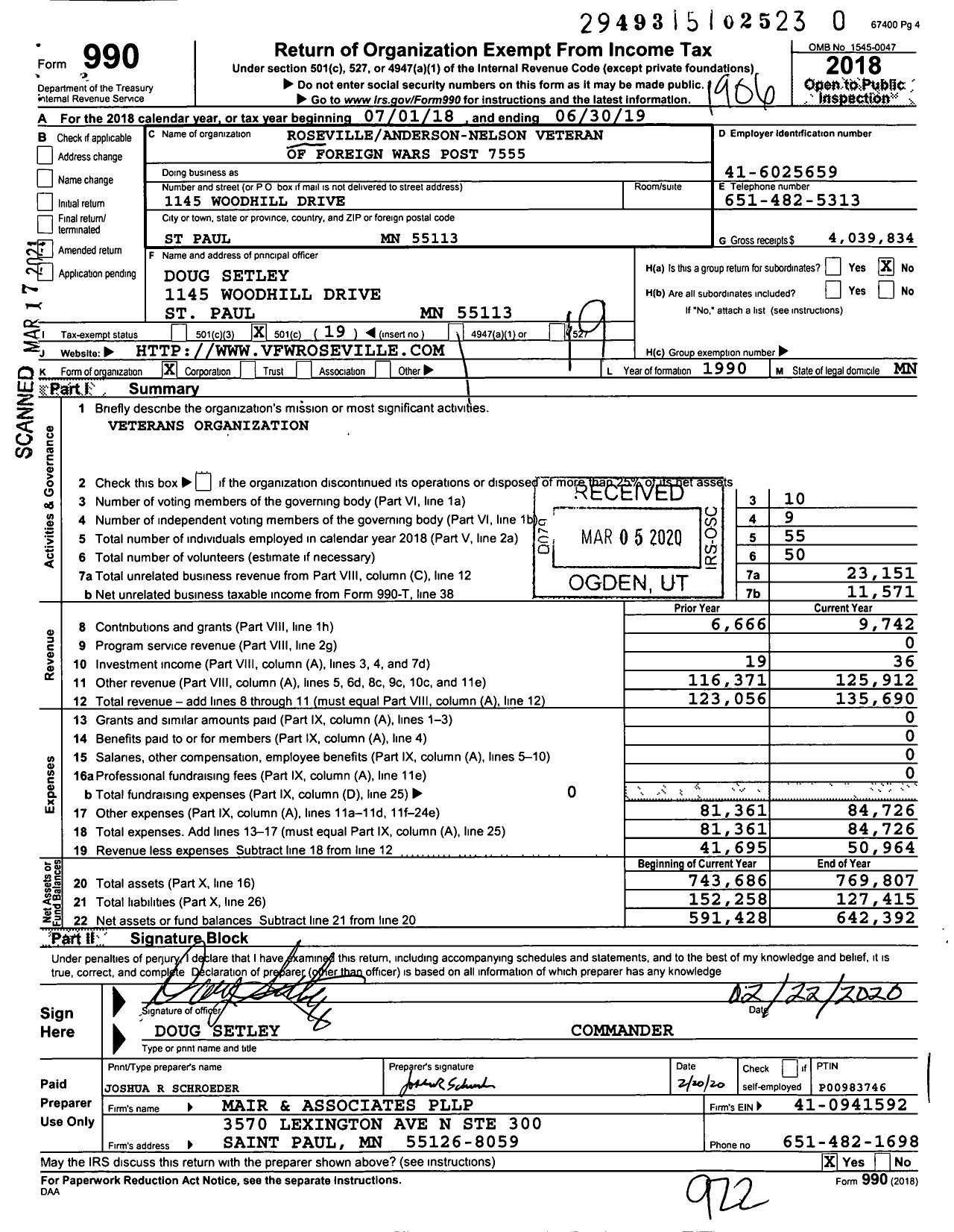 Image of first page of 2018 Form 990O for MN VFW - 7555 Roseville Anderson-Nelson Post