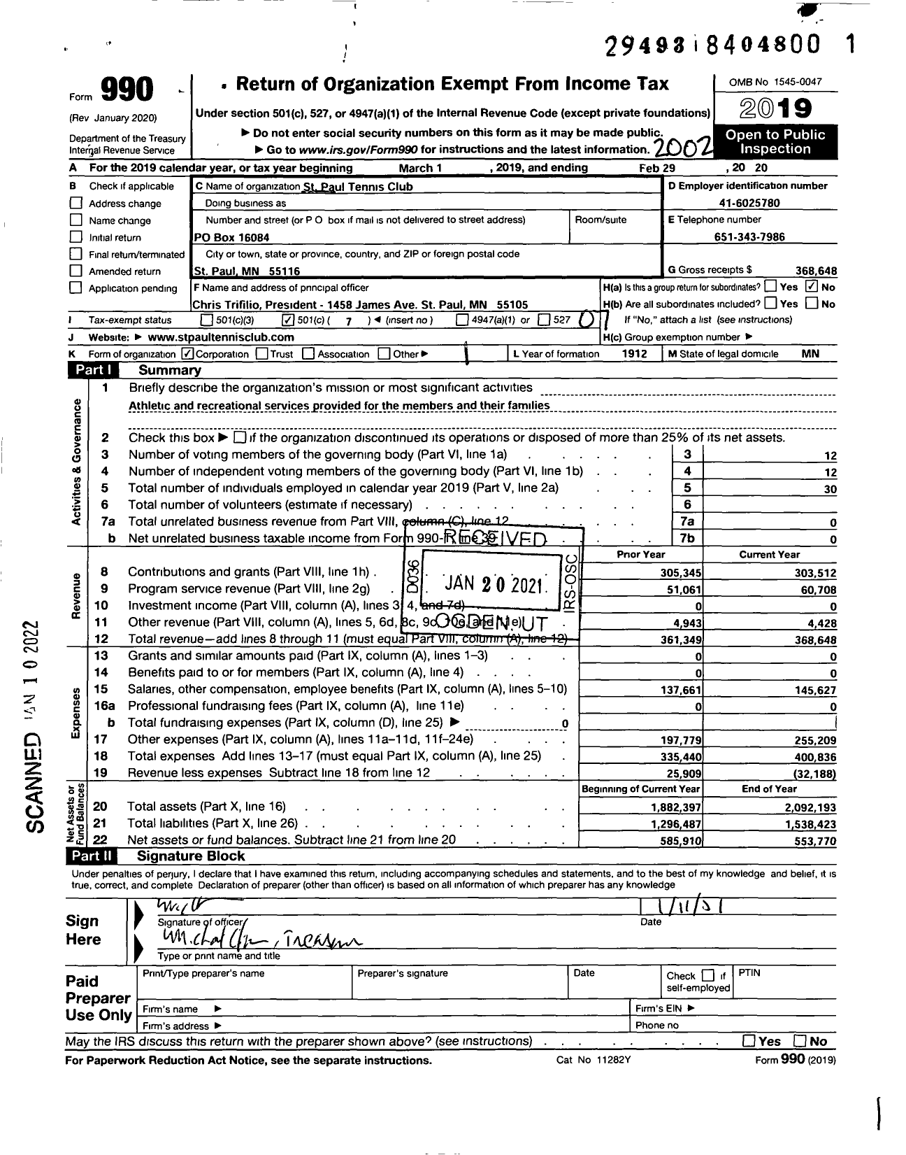 Image of first page of 2019 Form 990O for St Paul Tennis Club