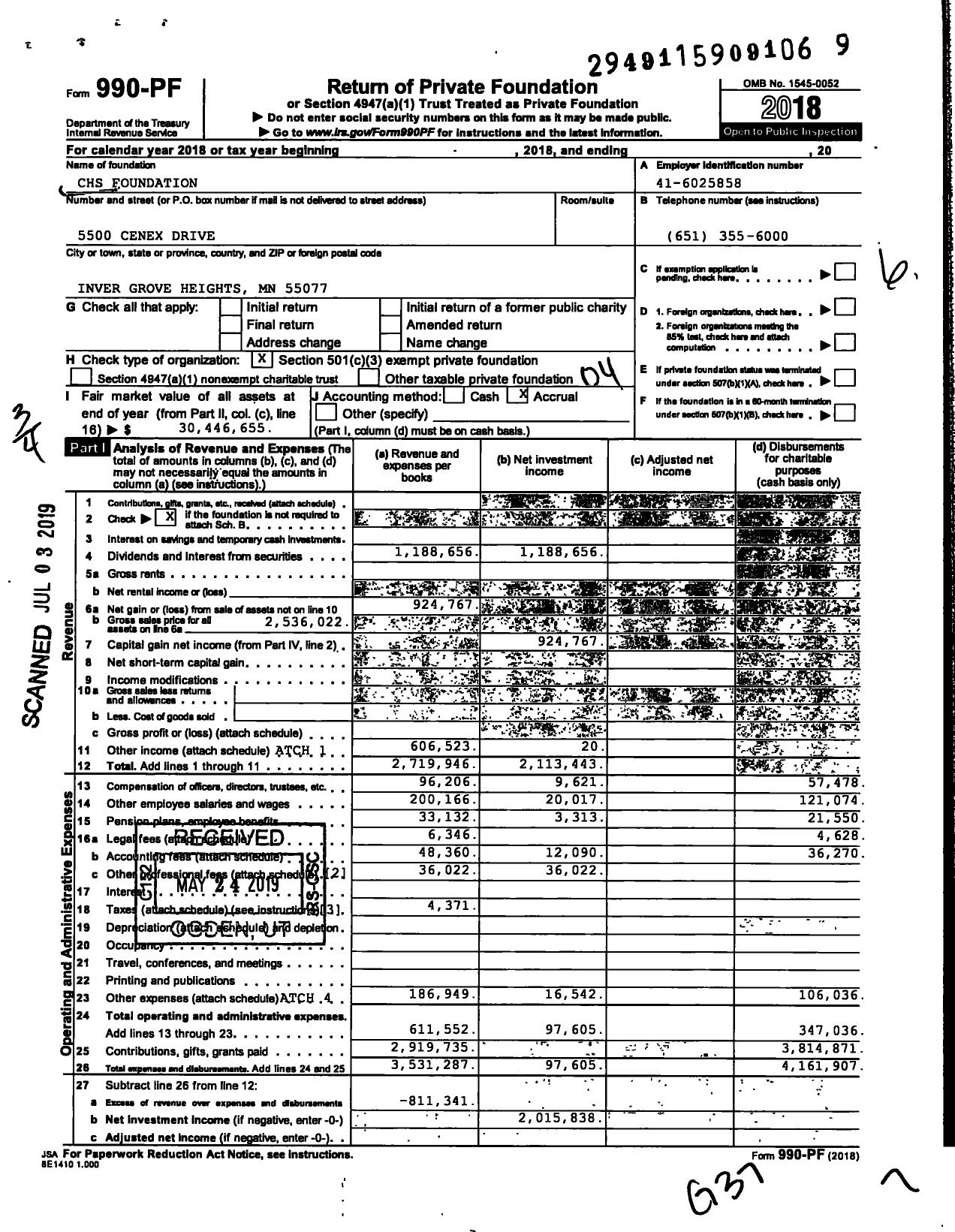 Image of first page of 2018 Form 990PF for CHS Foundation