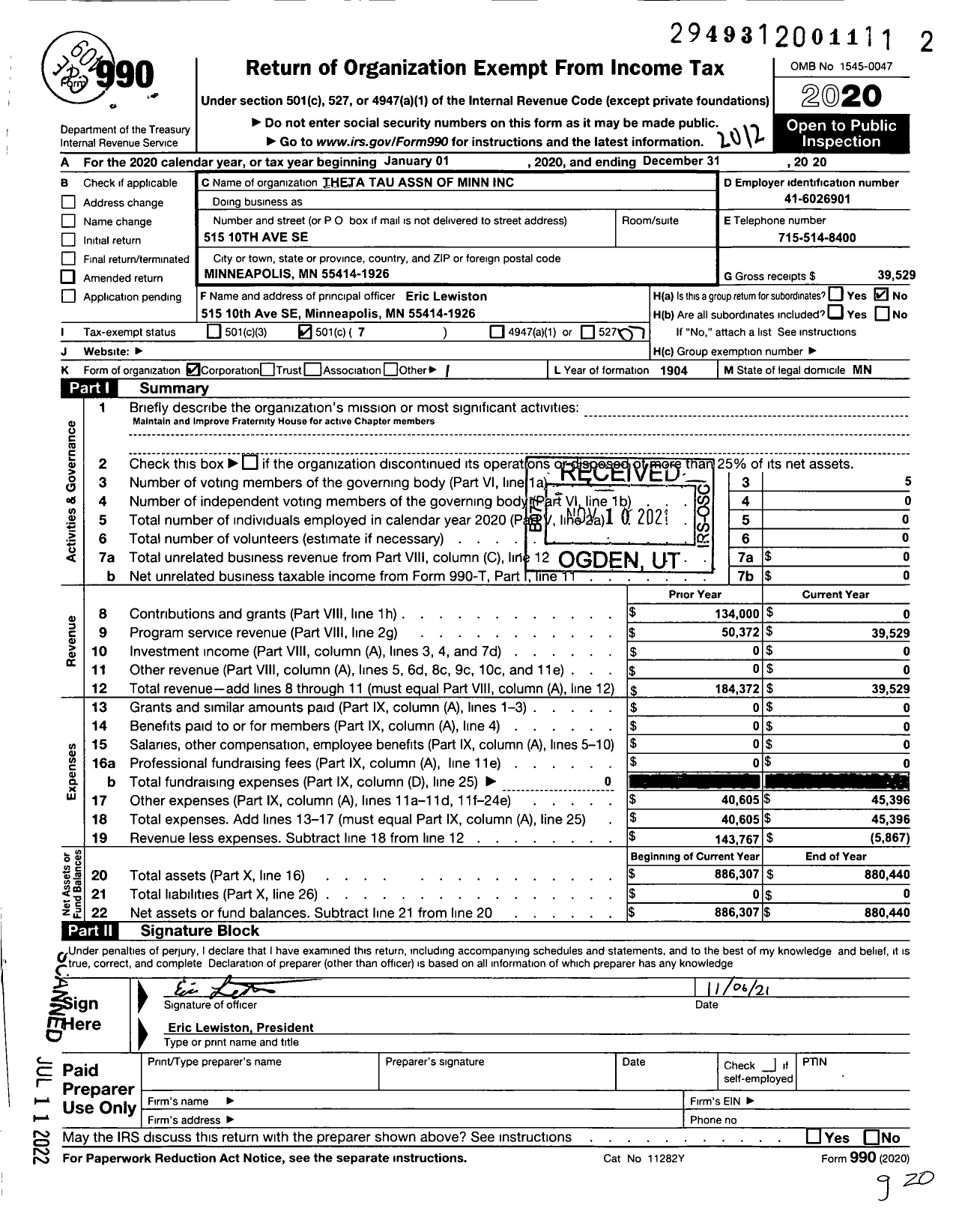 Image of first page of 2020 Form 990O for Theta Tau Association of Minn