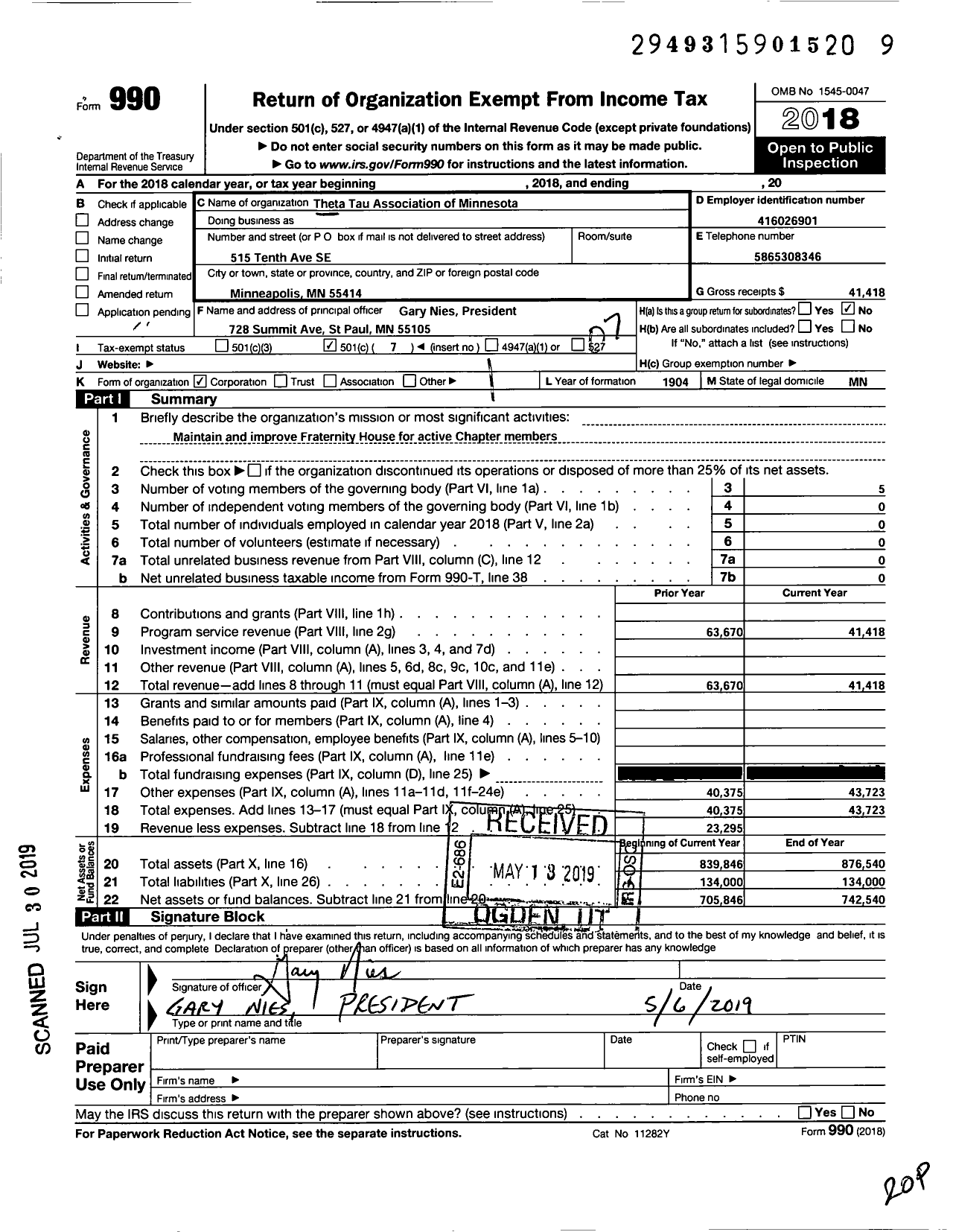 Image of first page of 2018 Form 990O for Theta Tau Association of Minn