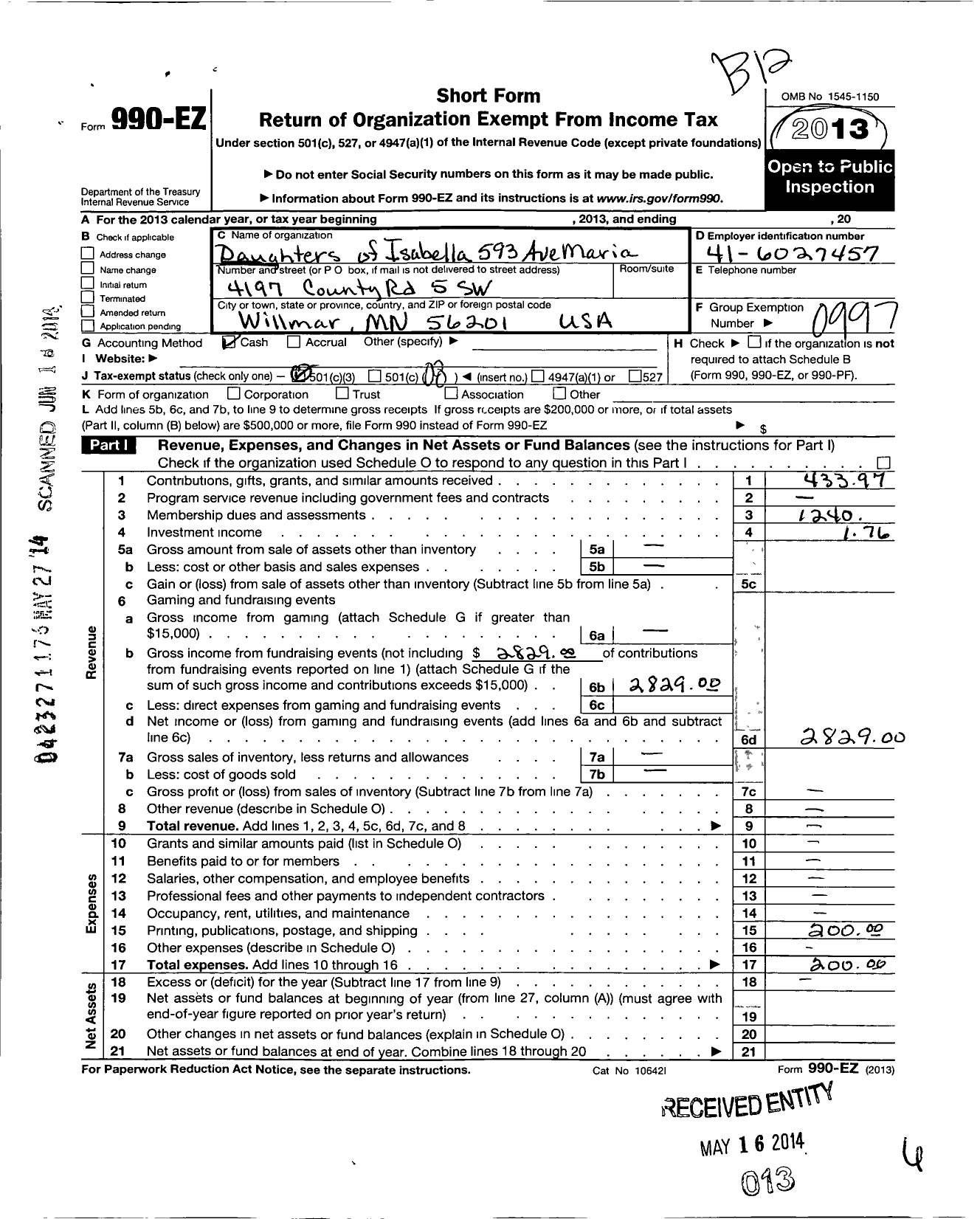 Image of first page of 2013 Form 990EO for Daughters of Isabella - 593 Ave Maria Cir