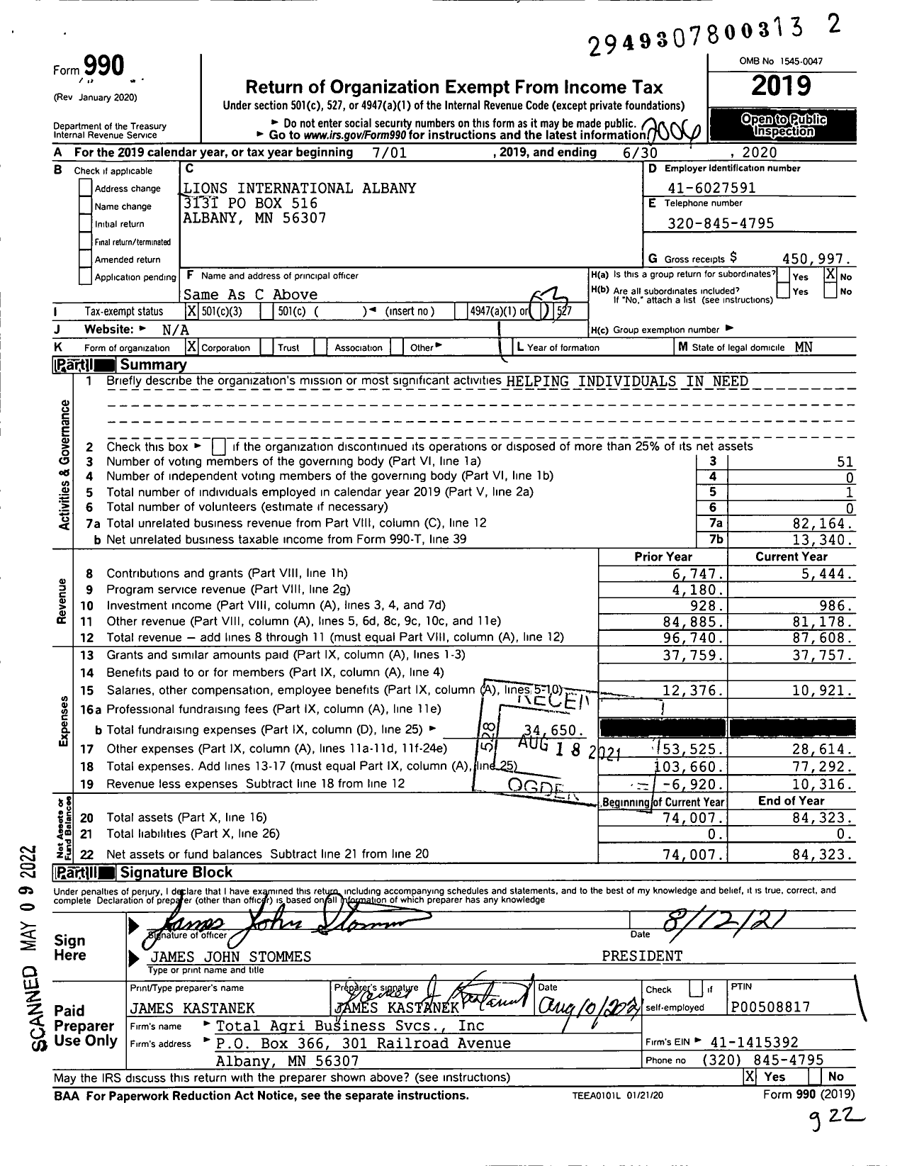 Image of first page of 2019 Form 990 for Lions Clubs - 3131 Albany