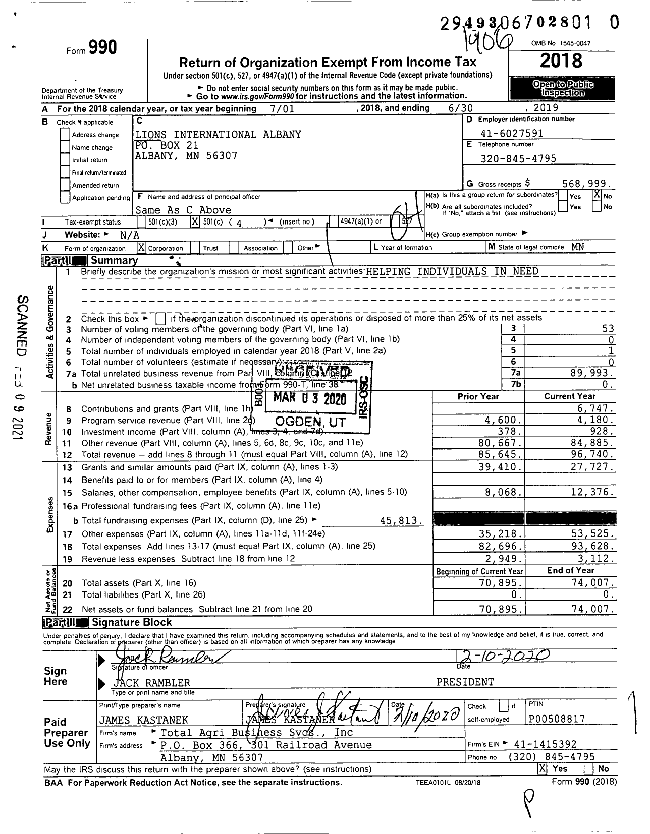 Image of first page of 2018 Form 990O for Lions Clubs - 3131 Albany