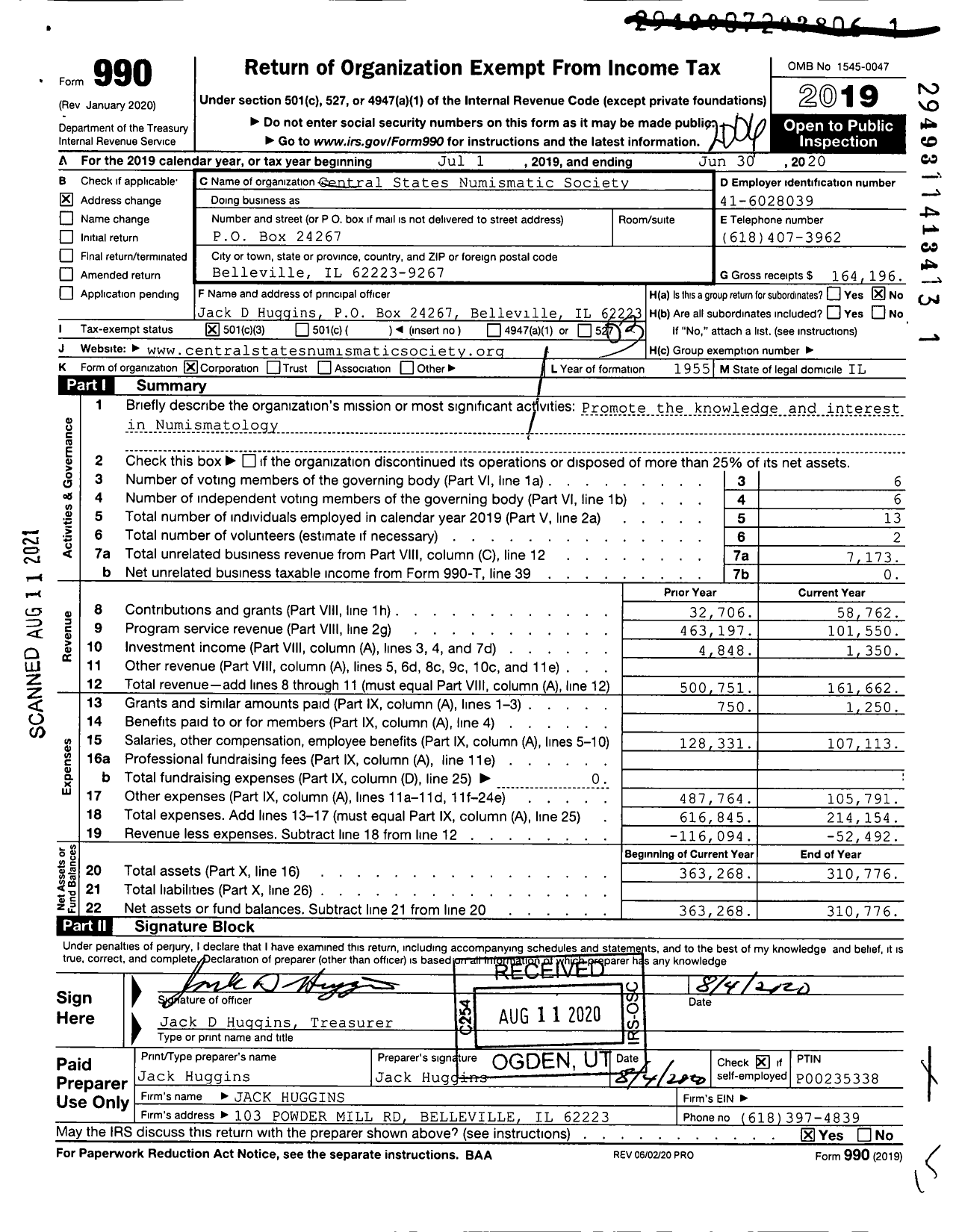 Image of first page of 2019 Form 990 for Central States Numismatic Society