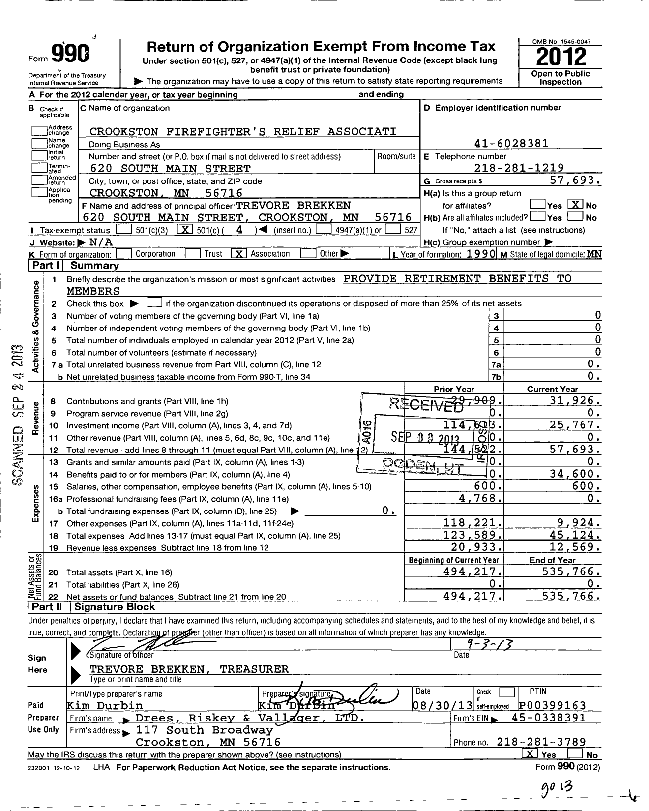 Image of first page of 2012 Form 990O for Crookston Firefighter's Relief Associati