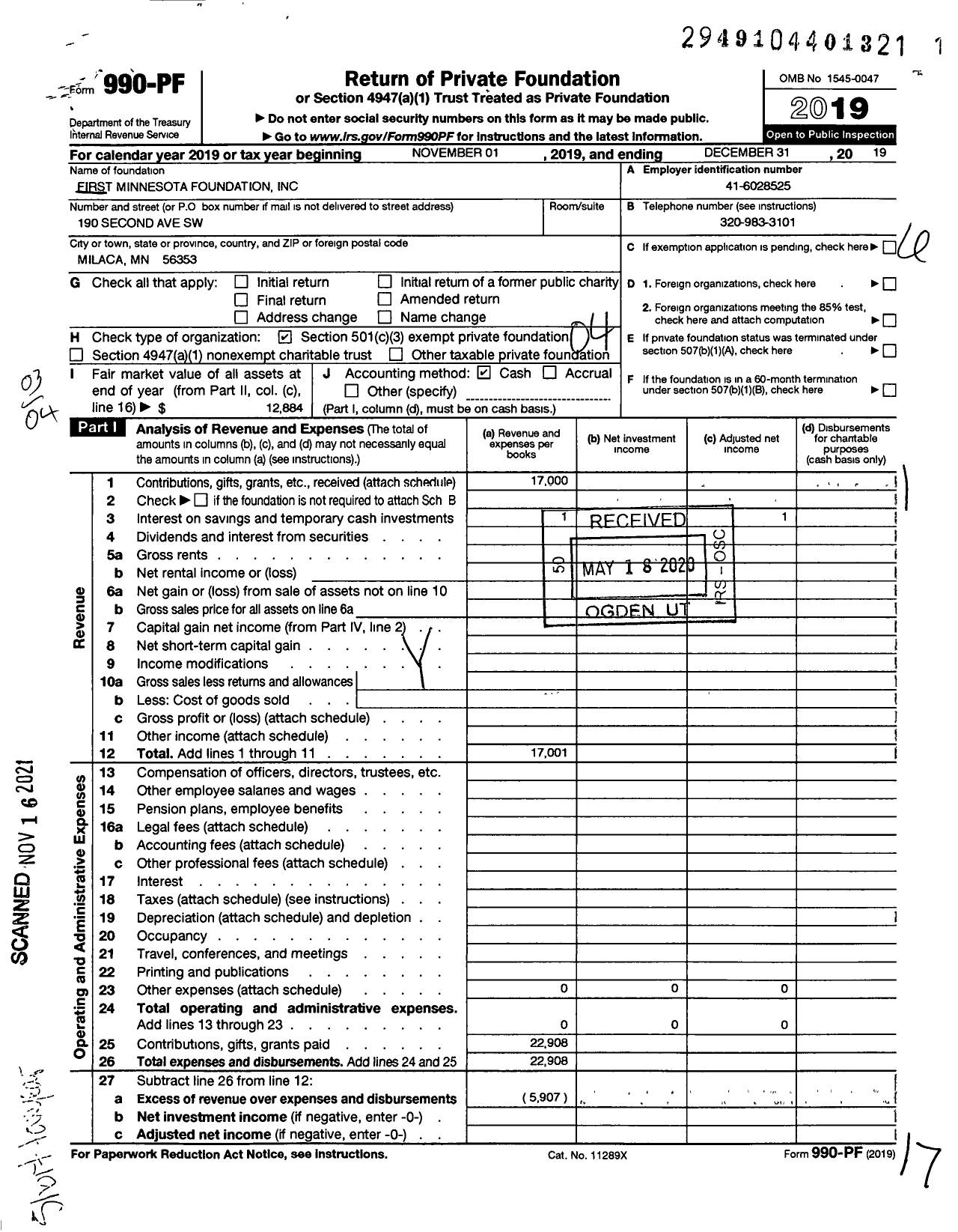 Image of first page of 2019 Form 990PF for First Minnesota Foundation