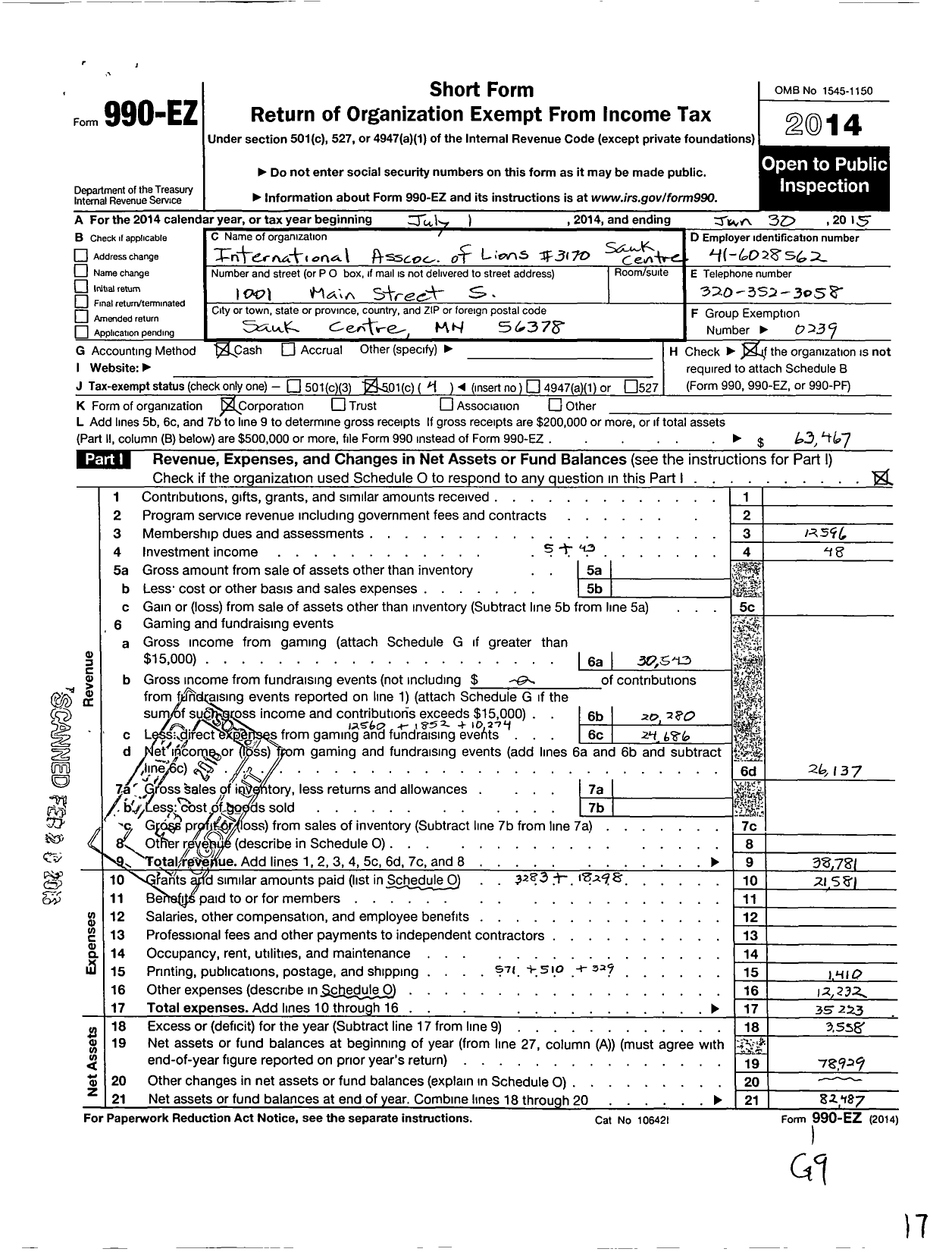 Image of first page of 2014 Form 990EO for Lions Clubs - 3170 Sauk Centre