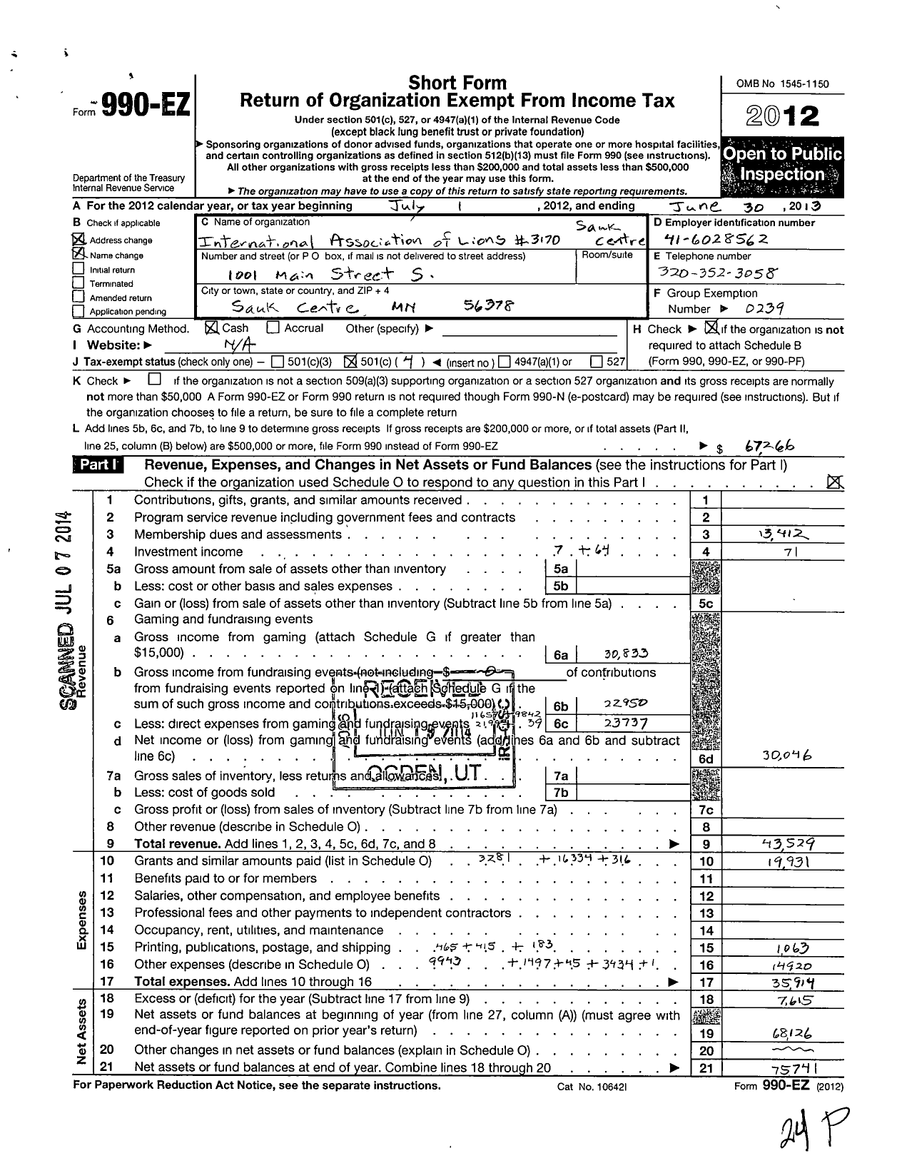 Image of first page of 2012 Form 990EO for Lions Clubs - 3170 Sauk Centre