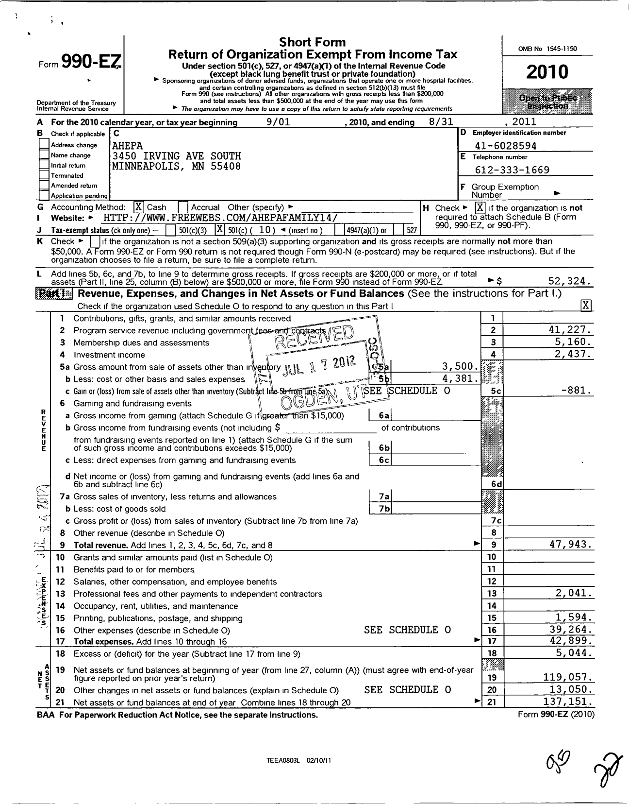 Image of first page of 2010 Form 990EO for Order of Ahepa Demosthenes Chapter No 66