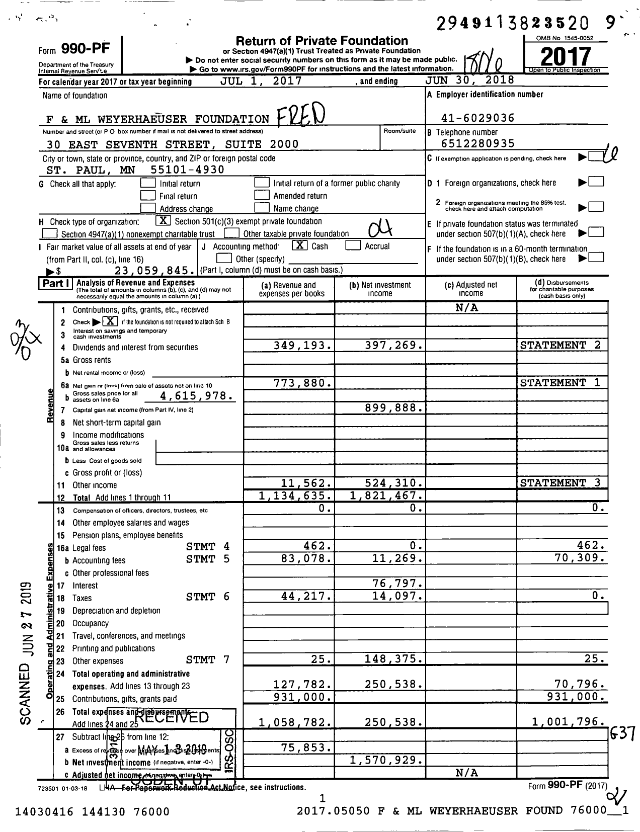 Image of first page of 2017 Form 990PF for The Charles L Weyerhaeuser Foundation