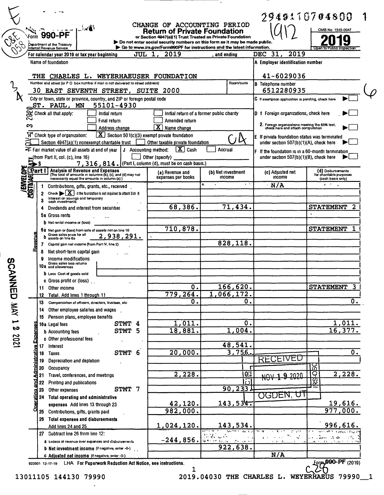 Image of first page of 2019 Form 990PF for The Charles L Weyerhaeuser Foundation