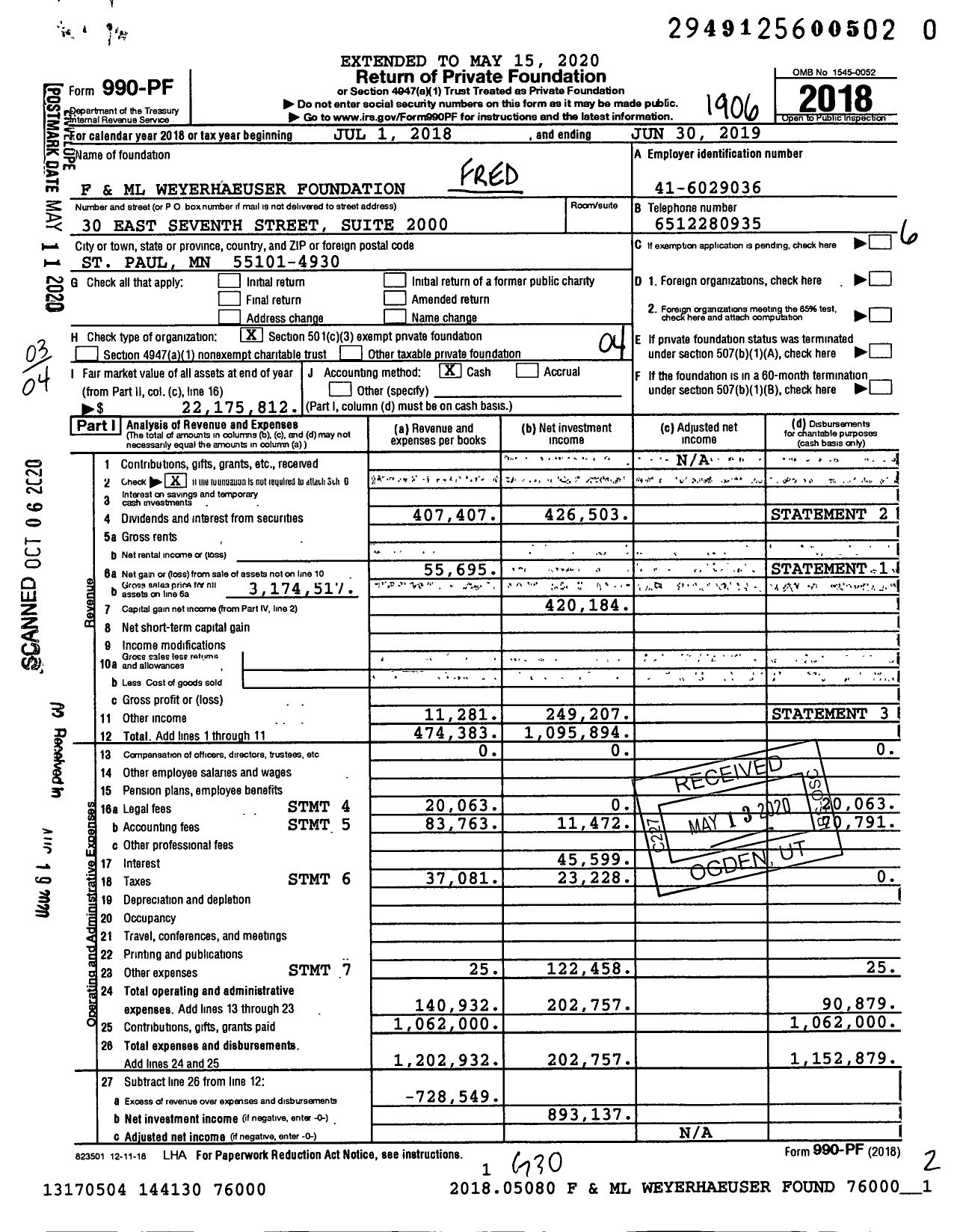 Image of first page of 2018 Form 990PR for The Charles L Weyerhaeuser Foundation